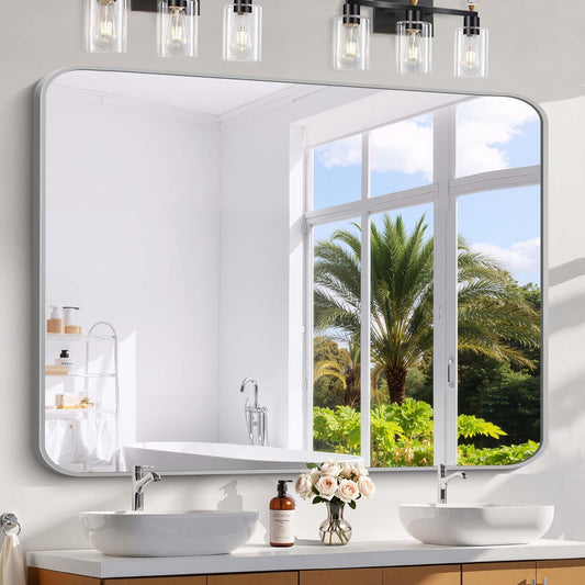 48x40 Inch Silver Bathroom Mirror, Large Rectangle Mirror, Metal Framed Rectangular Vanity Mirror, Rounded Corner Wall Mounted Mirror for Living Room Bedroom Entryway Horizontal or Vertical