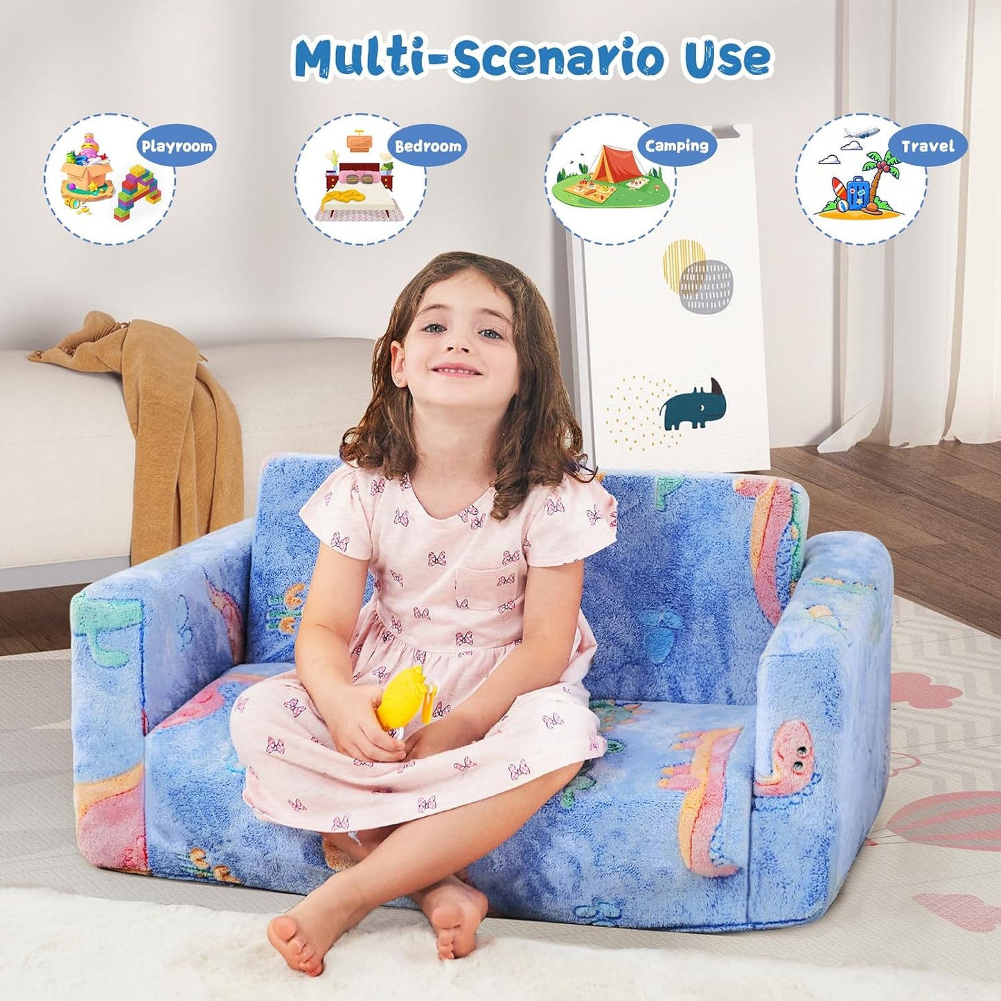 Toddler Couch,Toddler Chair,Extra Wider Seating,2-in-1 Baby Seat Furniture Fold Out, Convertible Sofa to Lounger Comfy Glow in The Dark Sofa Bed,Gifts for Kids Girl Boys,Dinosaur,Large