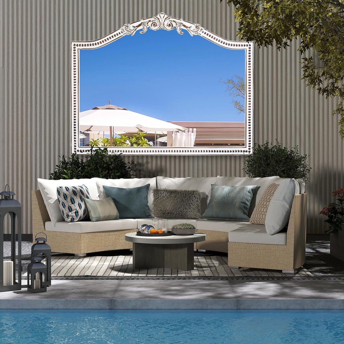 32x42 Inch Ornate Wooden Arched Wall Mirror, Rustic Farmhouse Decorative Wide Mirrors for Fireplace, Living Room, Bedroom, Entryway, Bathroom Over Sink