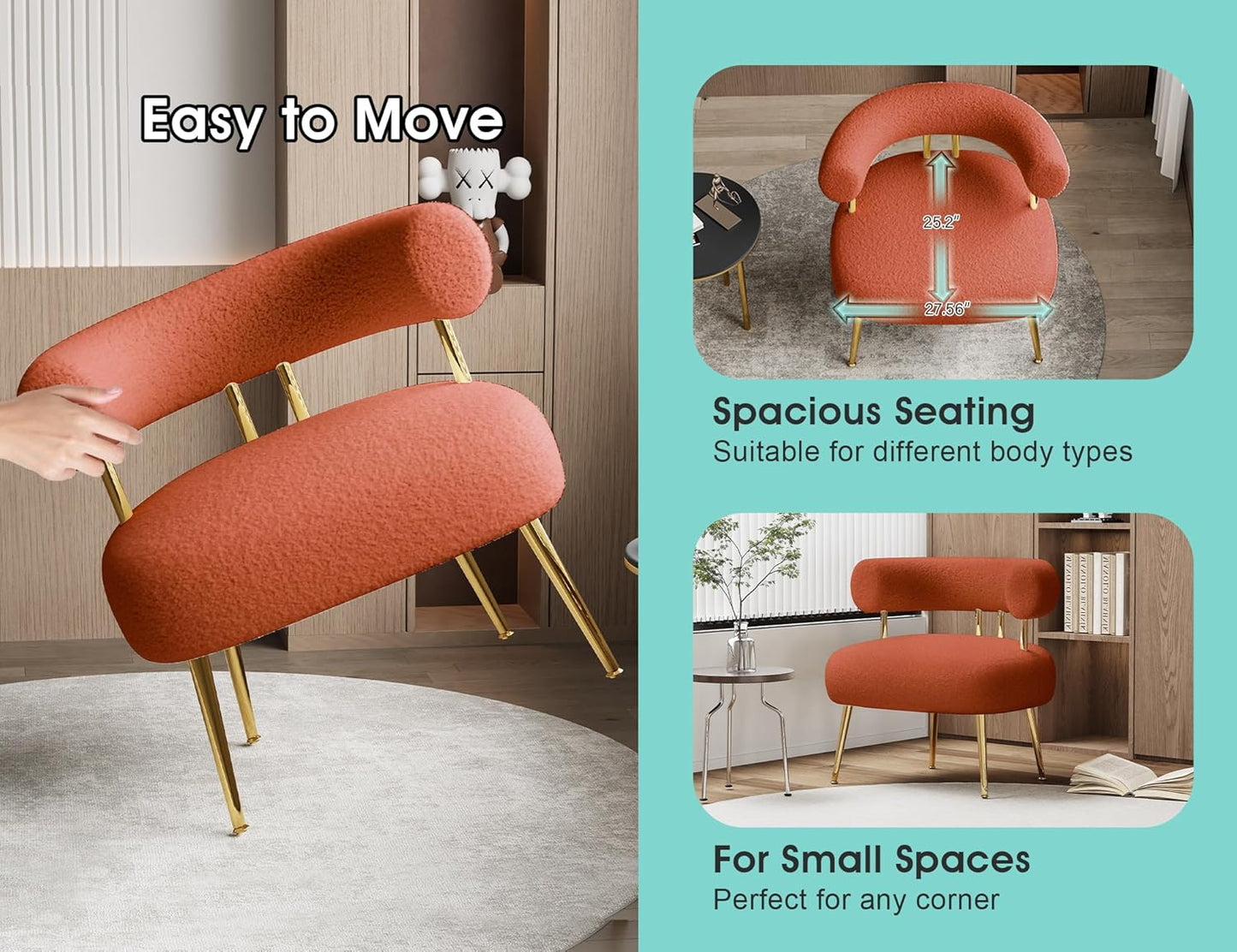 Mid Century Sherpa Boucle Accent Chair, Round Upholstered Barrel Arm Chair for Small Spaces, Fluffy Side Corner Sofa Chair for Living Room, Bedroom, Vanity, Office, Reading Nook(Orange)