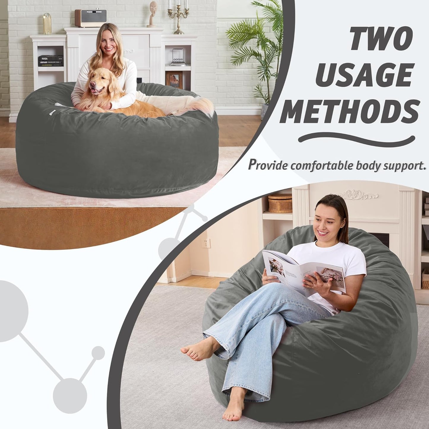 4FT Bean Bag Chair with Ultra Soft Velvet Cover Bean Bag Sofa with Memory Foam Bean Bag Chairs with Large Size Lazy Sofa for Dorm Office Living Room Bedroom Light Grey 4'