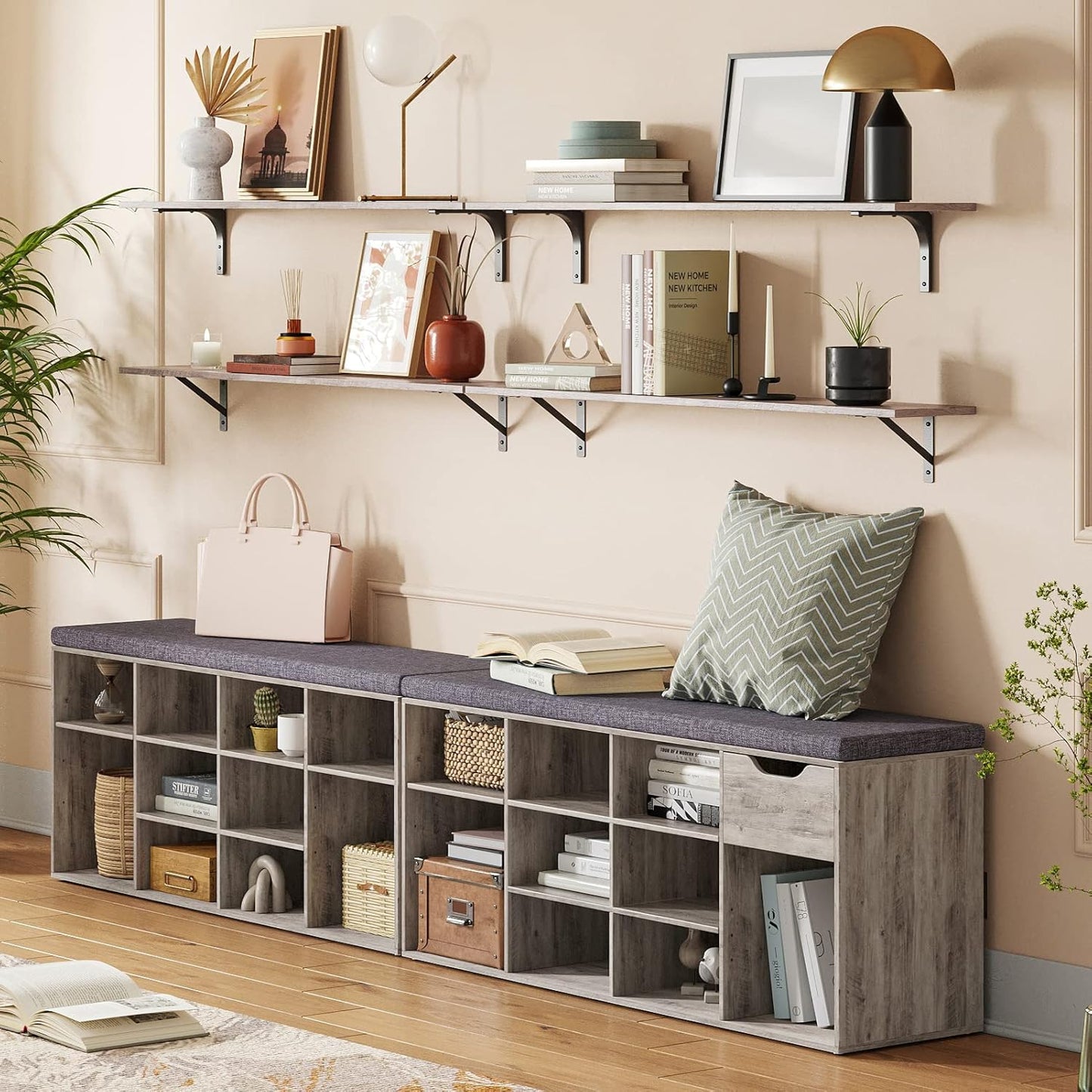 DINZI LVJ Shoe Bench, Entryway Storage Bench with Drawer and 11 Cubbies, Cubby Shoe Rack with Adjustable Shelves, Organizer Cabinet for Living Room, Bedroom, Mudroom, Closet and Garage, Greige