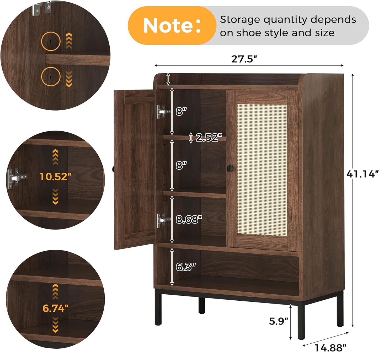Rattan Shoe Cabinet Storage for Entryway, Shoe Cabinet with Adjustable Shelves for Entryway, 5-Tier, 20 Pair Shoe Rack Storage for Hallway, Closet, Living Room, Brown
