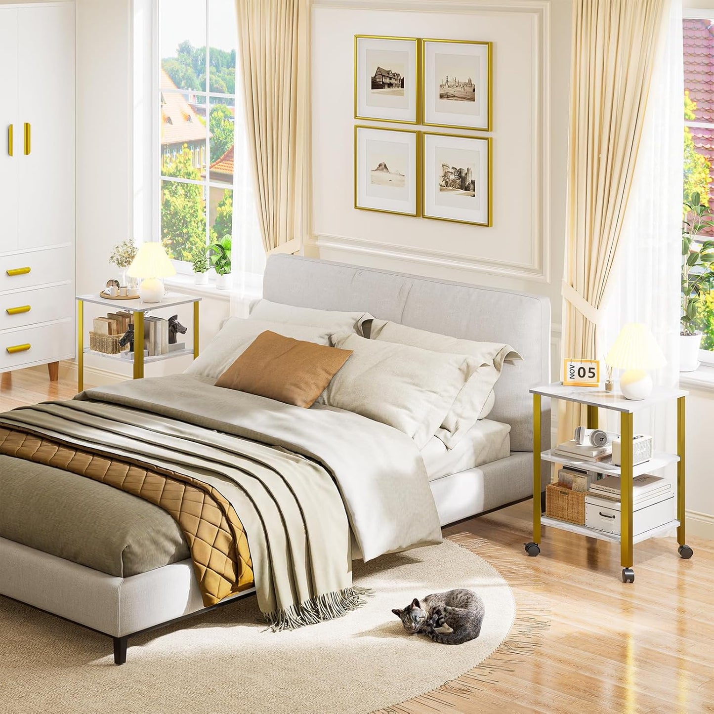 Side Table, End Table with Wheels, Printer Stand with 3-Tier Storage, Bedside Table,Telephone Table,Square Small Side Table for Living Room, Bedroom, Office, Kitchen, Metal Frame, Easy Assembly -White