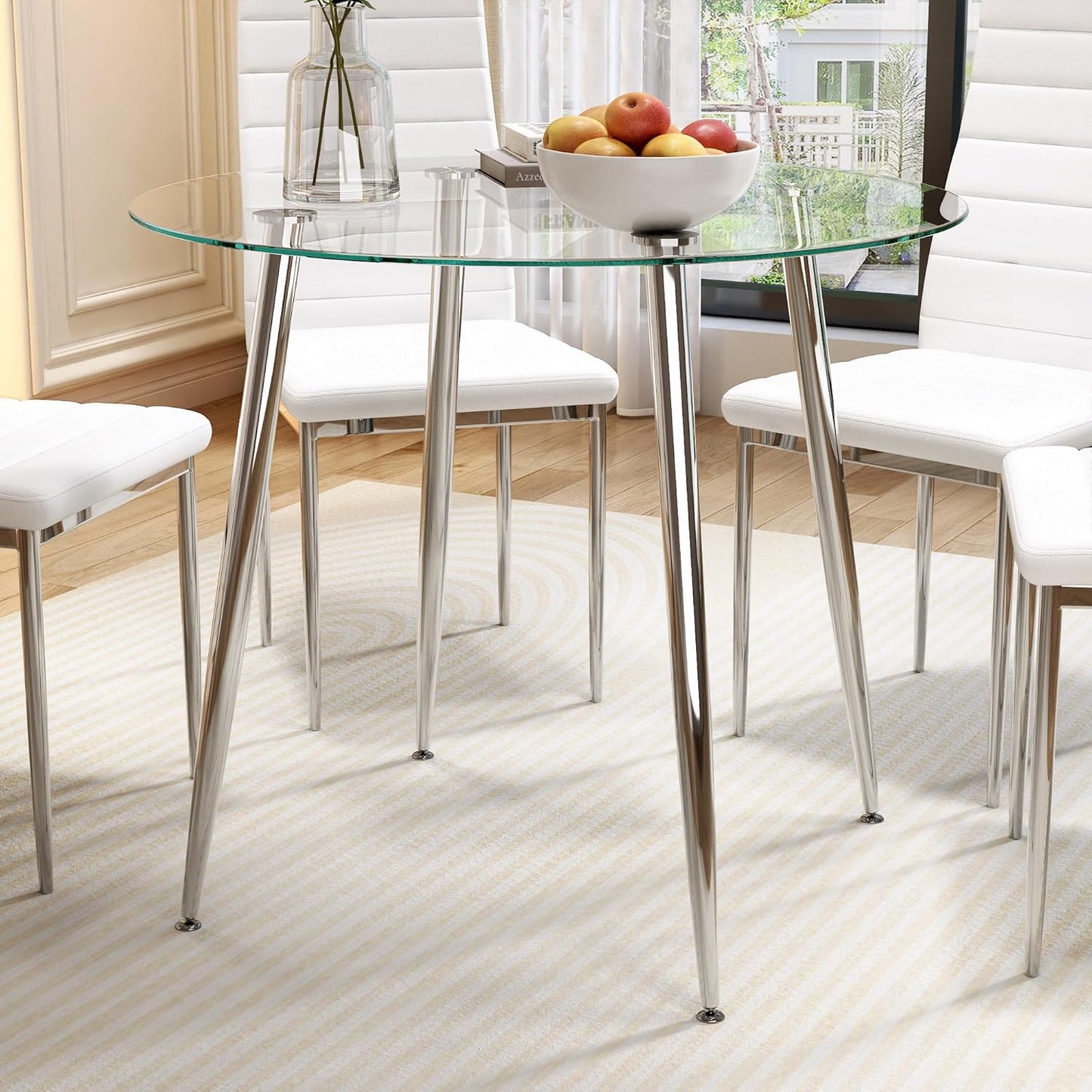 Tempered Glass Dining Table 32 inch Round Kitchen Table with Silver Metal Legs Modern Dinner Table for Dining Room Kitchen Small Space