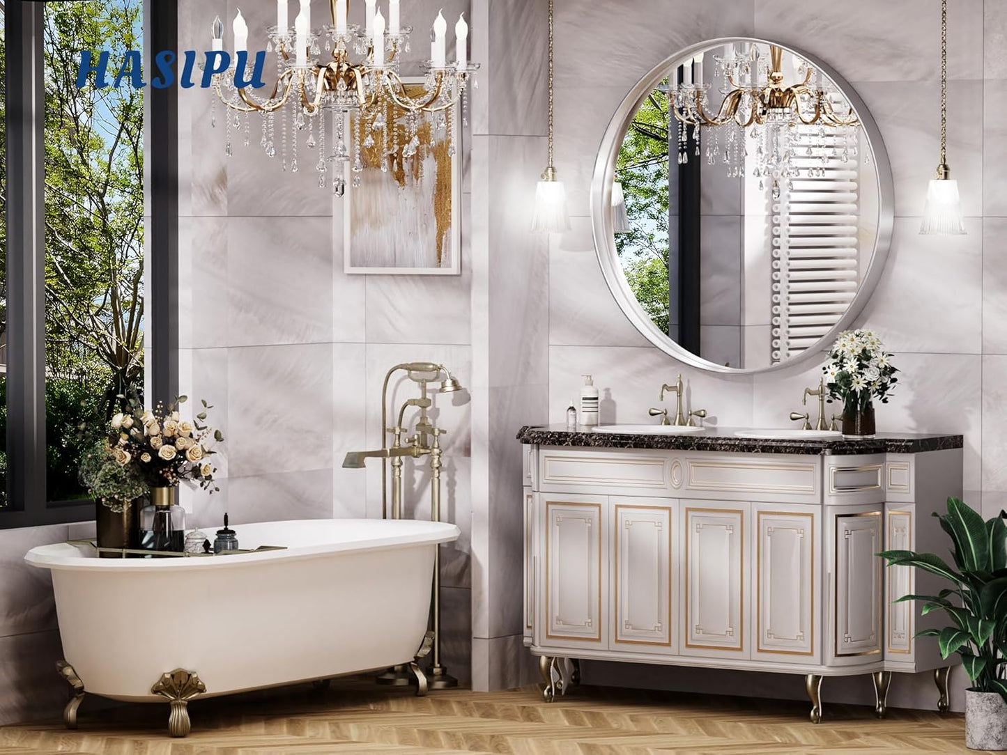 Hasipu Round Silver Mirror 38 Inch Large Round Bathroom Mirror Metal Frame, Wall Mounted Circle Vanity Mirror Modern Decor (Horizontal/Vertical)