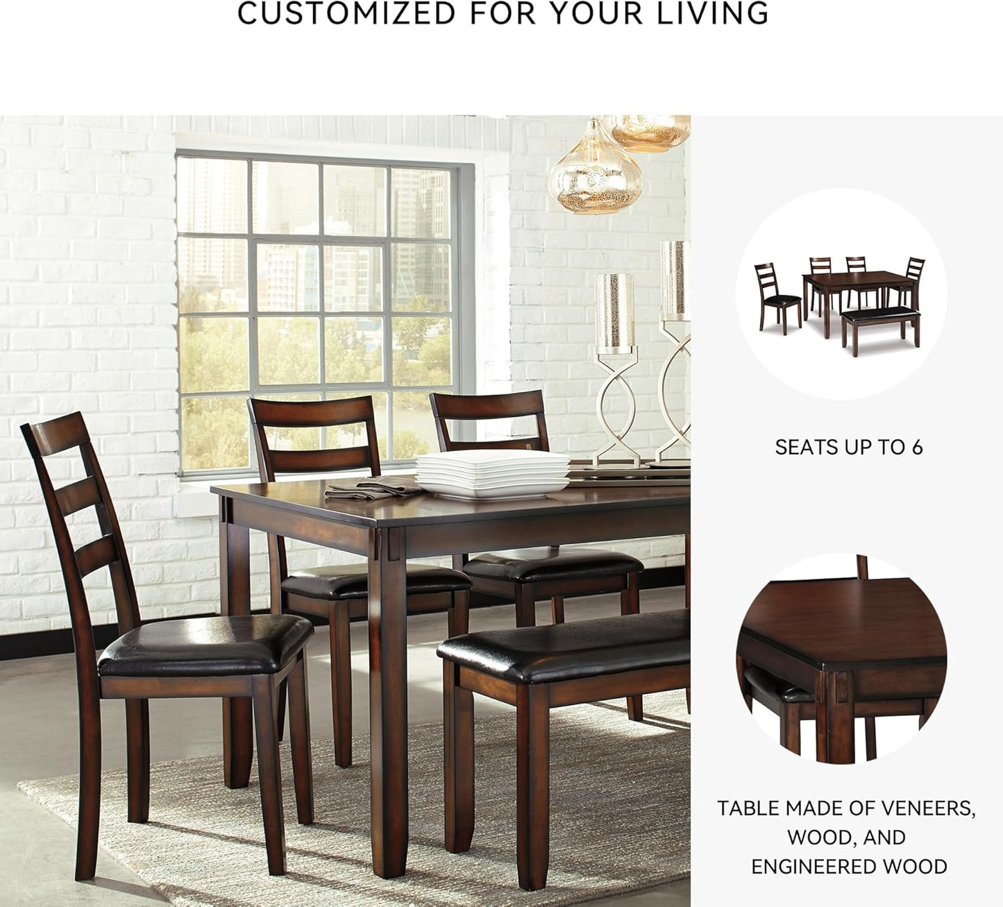 Signature Design by Ashley Coviar 6 Piece Dining Set, Includes Table, 4 Chairs & Bench, Dark Brown