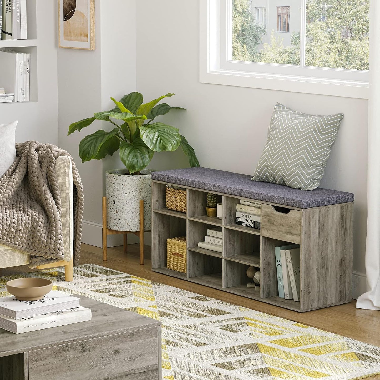 DINZI LVJ Shoe Bench, Entryway Storage Bench with Drawer and 11 Cubbies, Cubby Shoe Rack with Adjustable Shelves, Organizer Cabinet for Living Room, Mudroom, Closet and Garage, Gray Wash