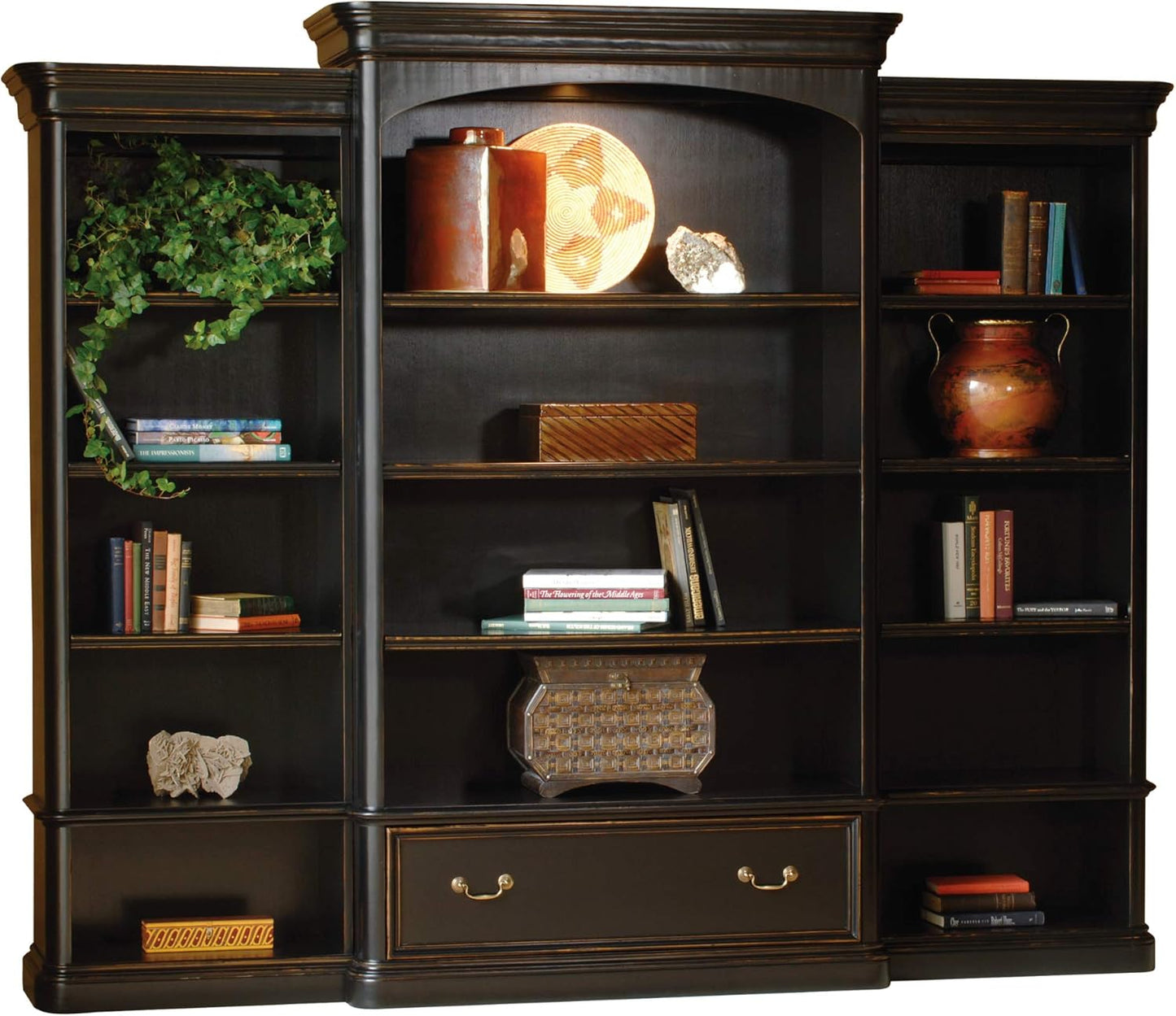 Hekman Furniture Louis Philippe Executive Center Bookcase – Tall Illuminated Wooden Bookcase Adjustable Shelves File Drawer & Glass Shelf Classic Distressed Finish for Office & Library