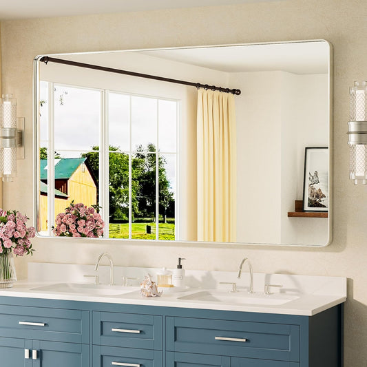 TETOTE 60 x 36 Inch Brushed Nickel Bathroom Mirror Metal Framed Bathroom Mirror, Tempered Glass, Modern Farmhouse Wall Mounted Mirror for Decorative(Horizontal/Vertical)