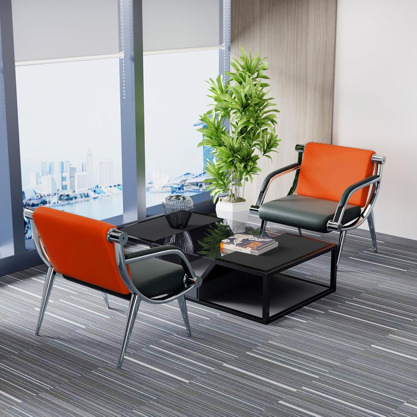 wonline 2Pcs Waiting Room Chair with Armrest PU Leather Office Furniture, Office Guest Seating Lobby Conference Reception Chairs for Airport Clinic Hospital Bank Salon Barber(Orange&Black)