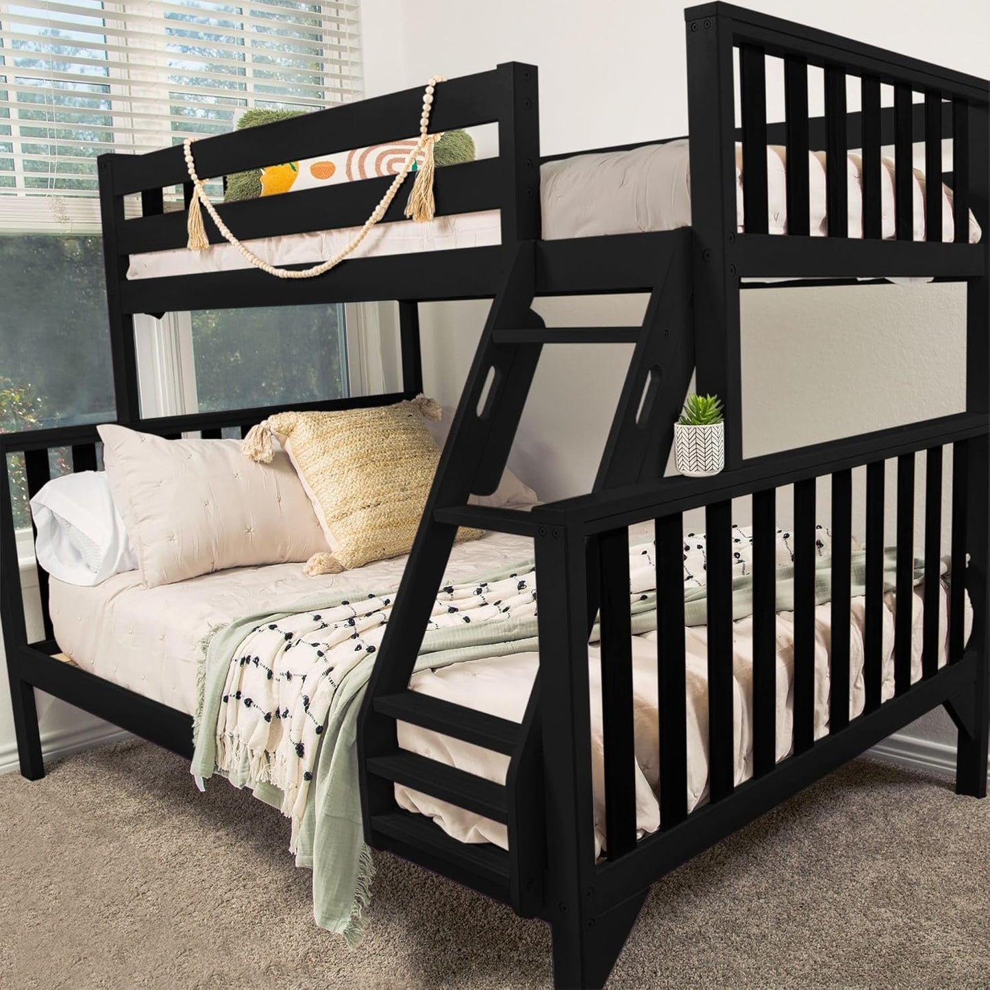 Max & Lily Bunk Bed, Scandinavian Modern Bunk Bed, Solid Wood Twin Over Full Bed Frame for Kids, No Box Spring Needed, Black