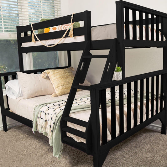 Max & Lily Bunk Bed, Scandinavian Modern Bunk Bed, Solid Wood Twin Over Full Bed Frame for Kids, No Box Spring Needed, Black