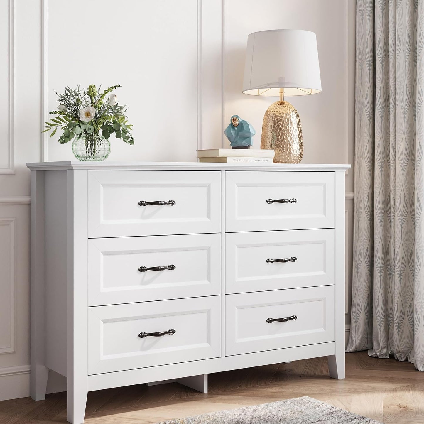 LINSY HOME 6 Drawers Dresser for Bedroom, 47" Wide Wooden Storage Chest with Antique Handles, Modern Farmhouse Dresser TV Stand with Wood Legs for Closet, Living Room, Hallway, White