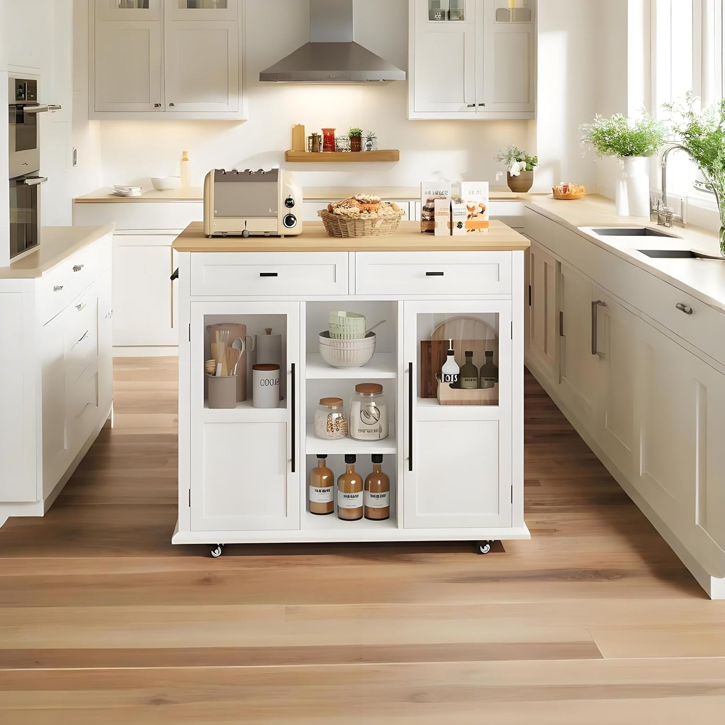 Mobile Modern Storage Island,Rolling Kitchen Island with Drop Leaf - Door Cabinet, Drawer, Bar Cart with Cabinet, Portable Cart Island Table for Kitchen,White