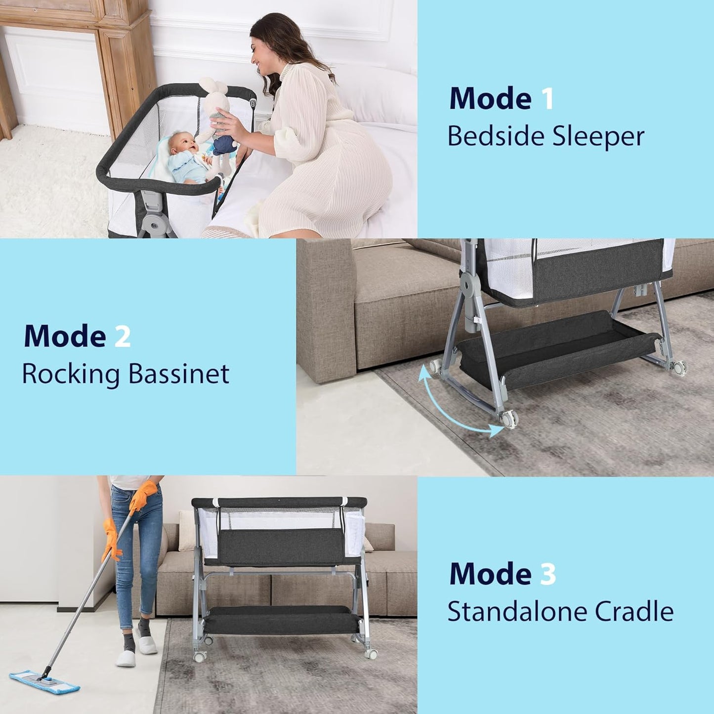 Baby Bassinet Bedside Sleeper, 3 in 1 Rocking Bassinet for Baby, Arms Reach Co Sleeper Bassinet with Wheels, Adjustable Height, Storage, Mattress & Canopy (Black)