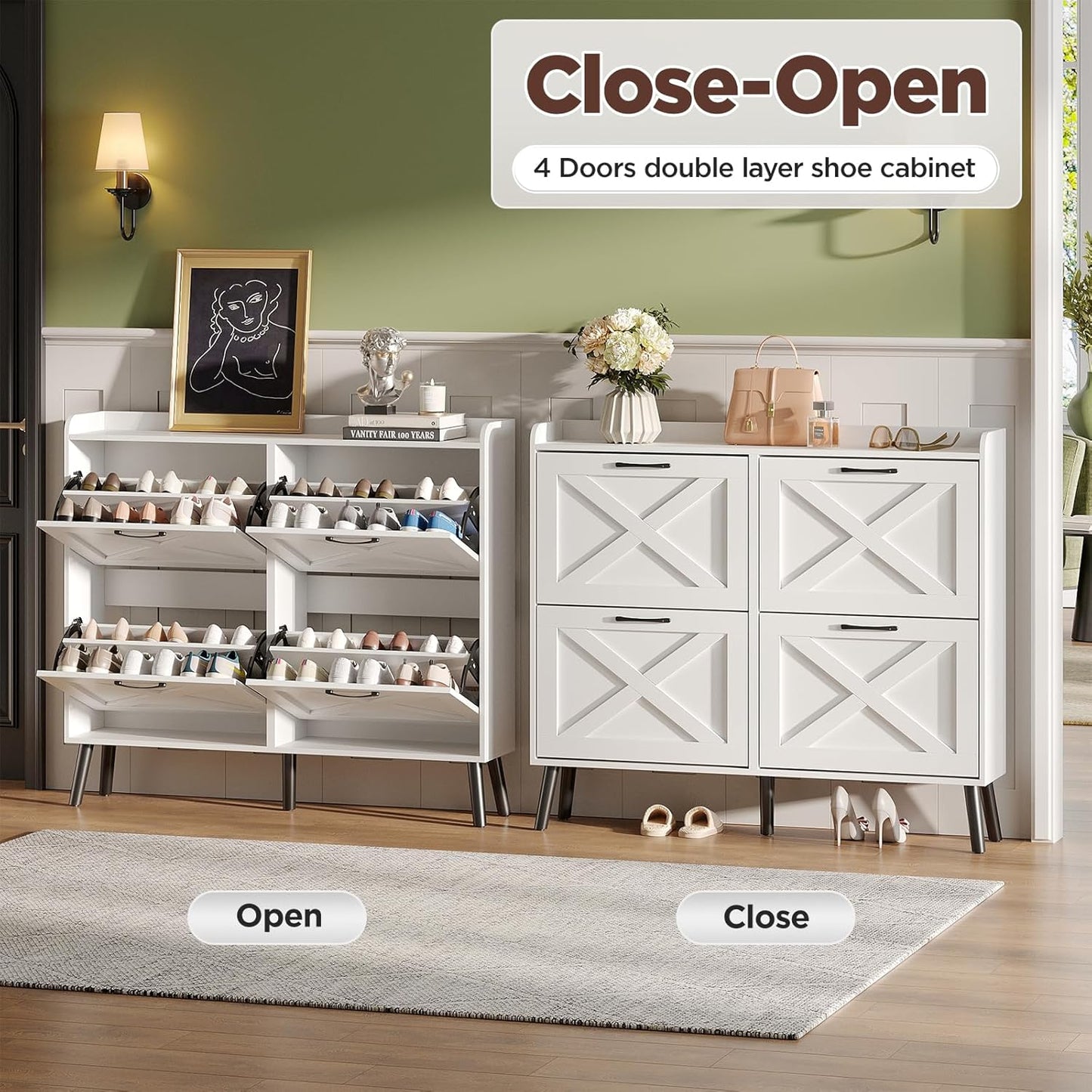 Maupvit Large Shoe Storage Cabinet with 4 Flip Drawers, Narrow Shoe Cabinet for Entryway with Wooden Legs, Freestanding Hidden Shoe Rack Organizer ＆ Metal Hinges, White