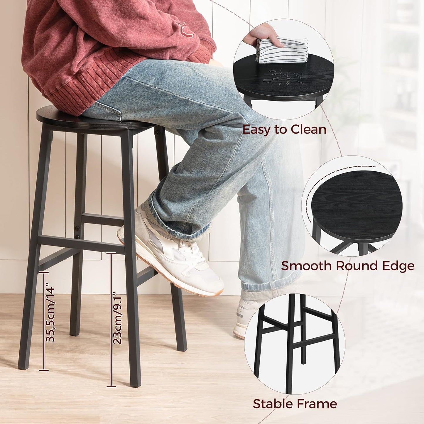 Bar Stools, Set of 2 Round Bar Chairs with Footrest, 24.4 Inch Kitchen Breakfast Bar Stools, Industrial Bar Stools, Easy Assembly, for Dining Room, Kitchen, Black BAHB0201