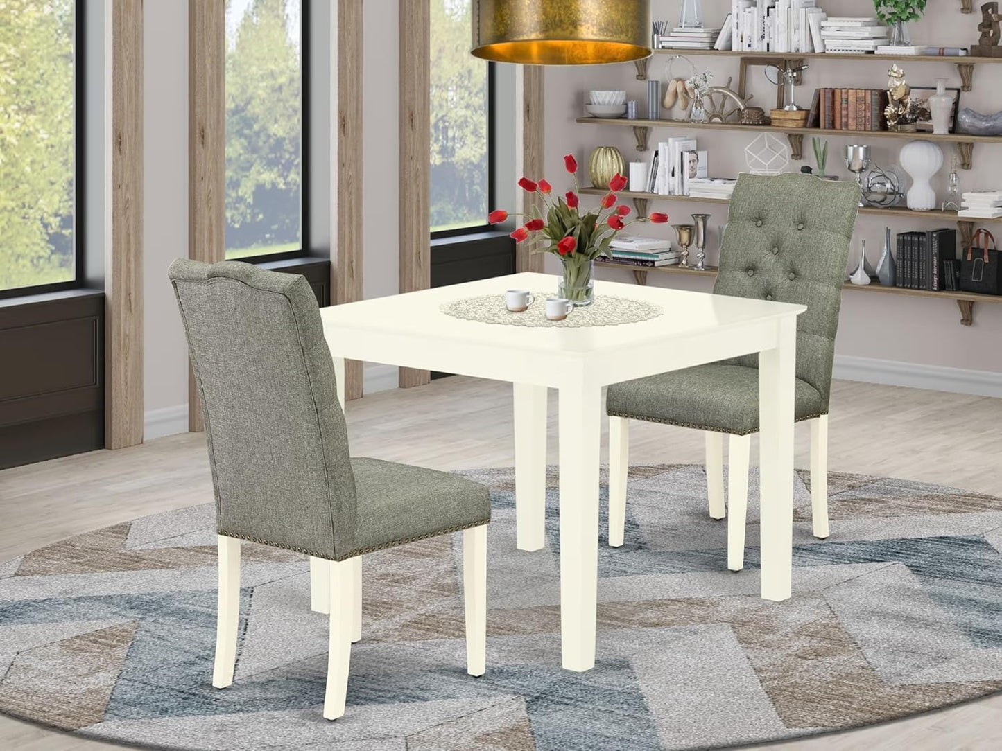 East West Furniture OXEL3-LWH-07 3 Piece Kitchen Table Set for Small Spaces Contains a Square Dining Room Table and 2 Gray Linen Fabric Upholstered Chairs, 36x36 Inch, Linen White