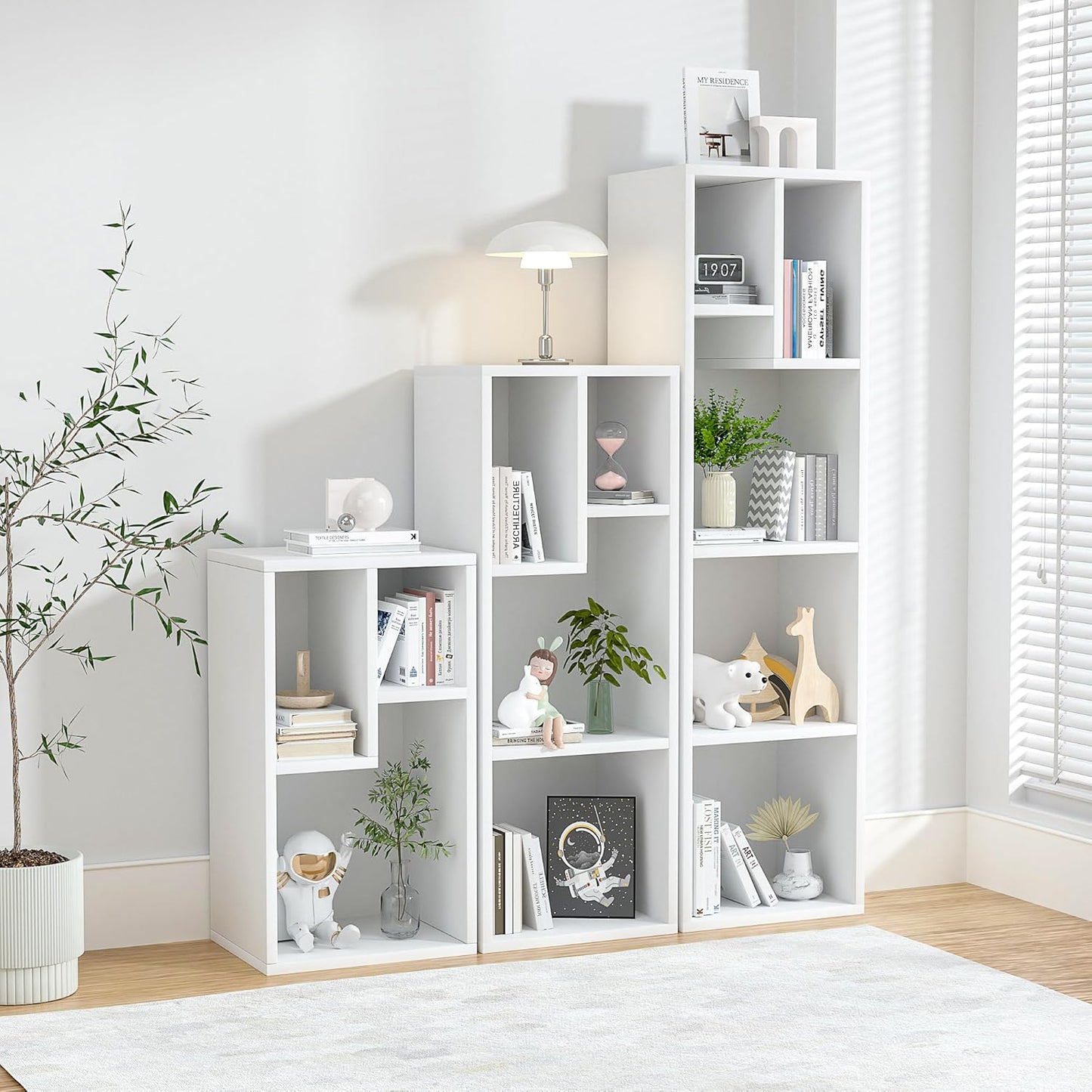 VECELO 3-Tier Small Bookcase, 4 Cube Bookshelf with Height Difference Shelves for Most Books, Modern Floor Standing Unit, Each Shelf Hold Up to 66 LBS for Living Room Bedroom, Pearl White