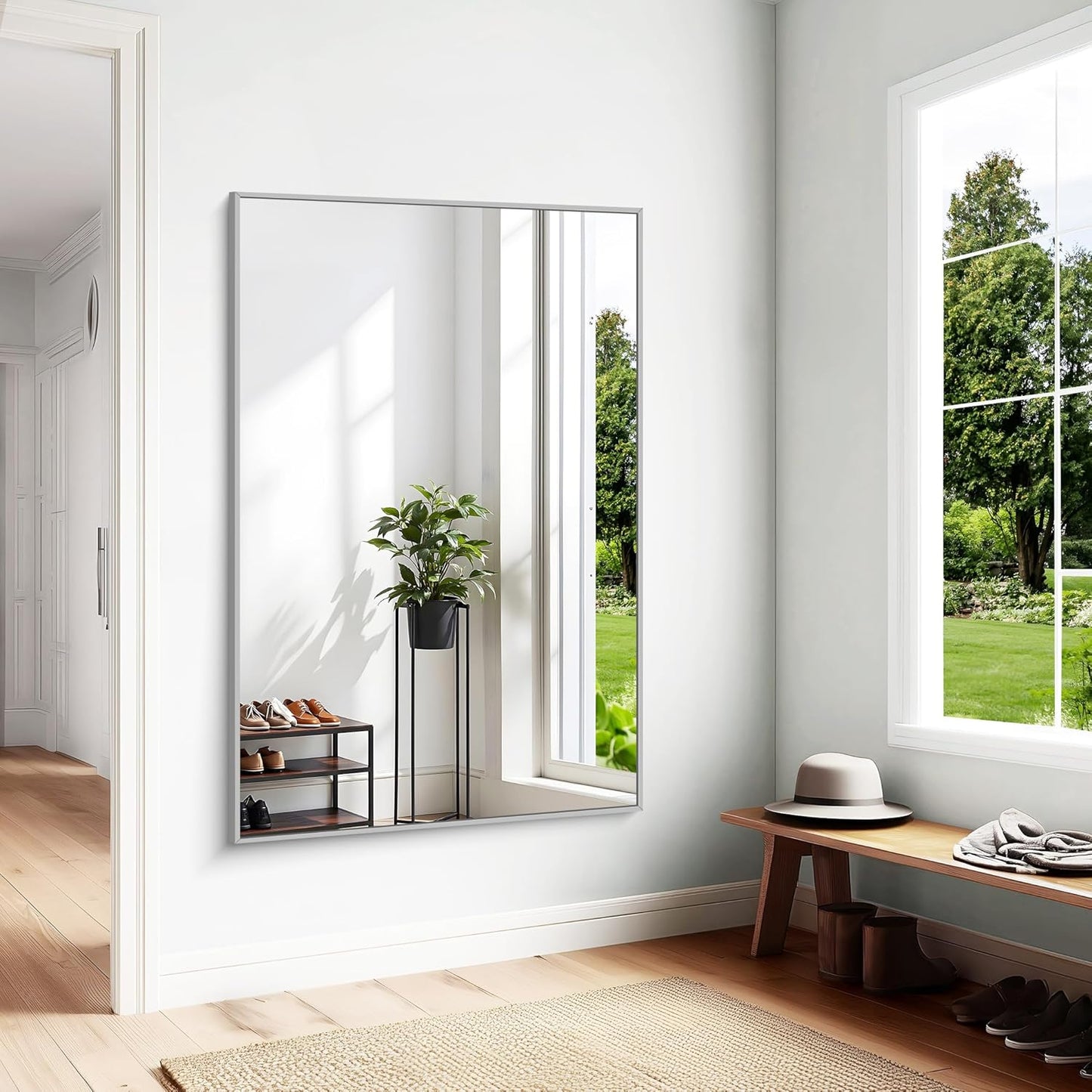 KOCUUY Large Silver Bathroom Mirror, 60x40 inch Rectangular Mirror for Bathroom Sink, Oversized Mirror with Metal Brushed Nickel Frame for Living Room, Farmhouse, Entryway, Hang Horizontal/Vertical