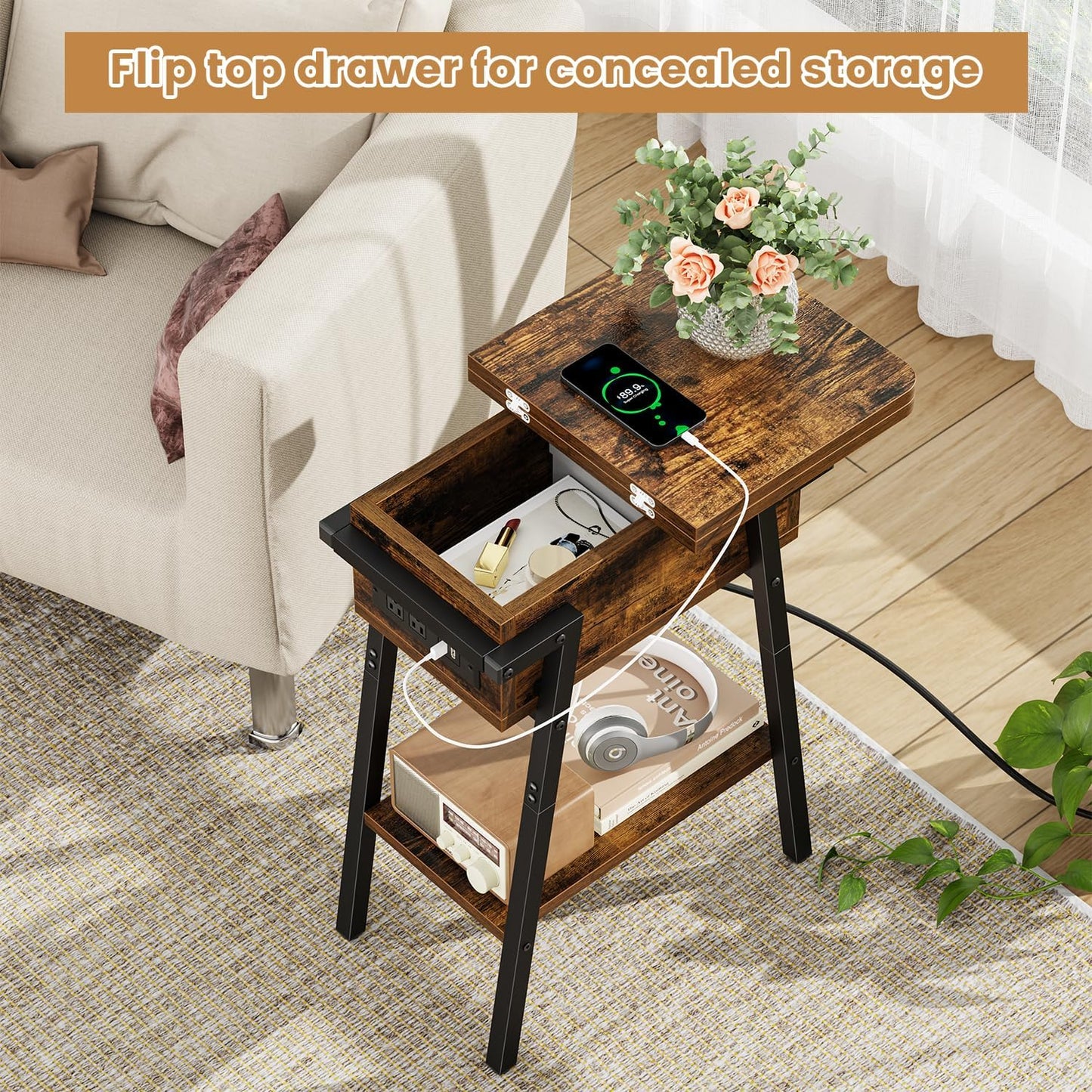 End Table with Charging Station, Flip Top Side Table with USB Ports and Outlets, Bedside Tables for Small Spaces,Nightstand with Storage Shelf for Living Room, Bedroom, Rustic Brown