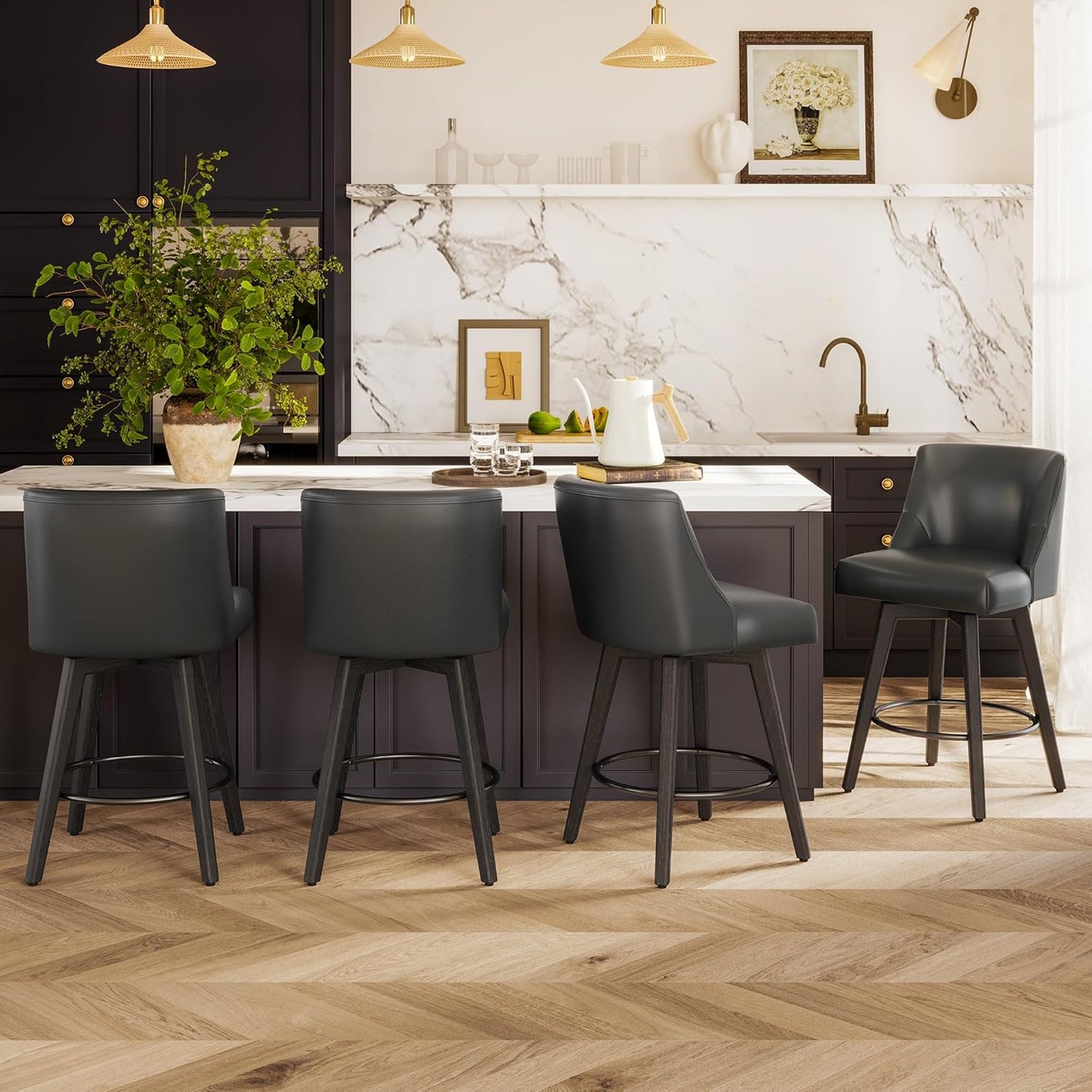 Counter Height Bar Stools Set of 4, Modern Swivel Barstools with Back and Wood Legs, Faux Leather Upholstered Bar Chairs, 26" H Kitchen Counter Stools, Kitchen Island Home Bar, Black Grey
