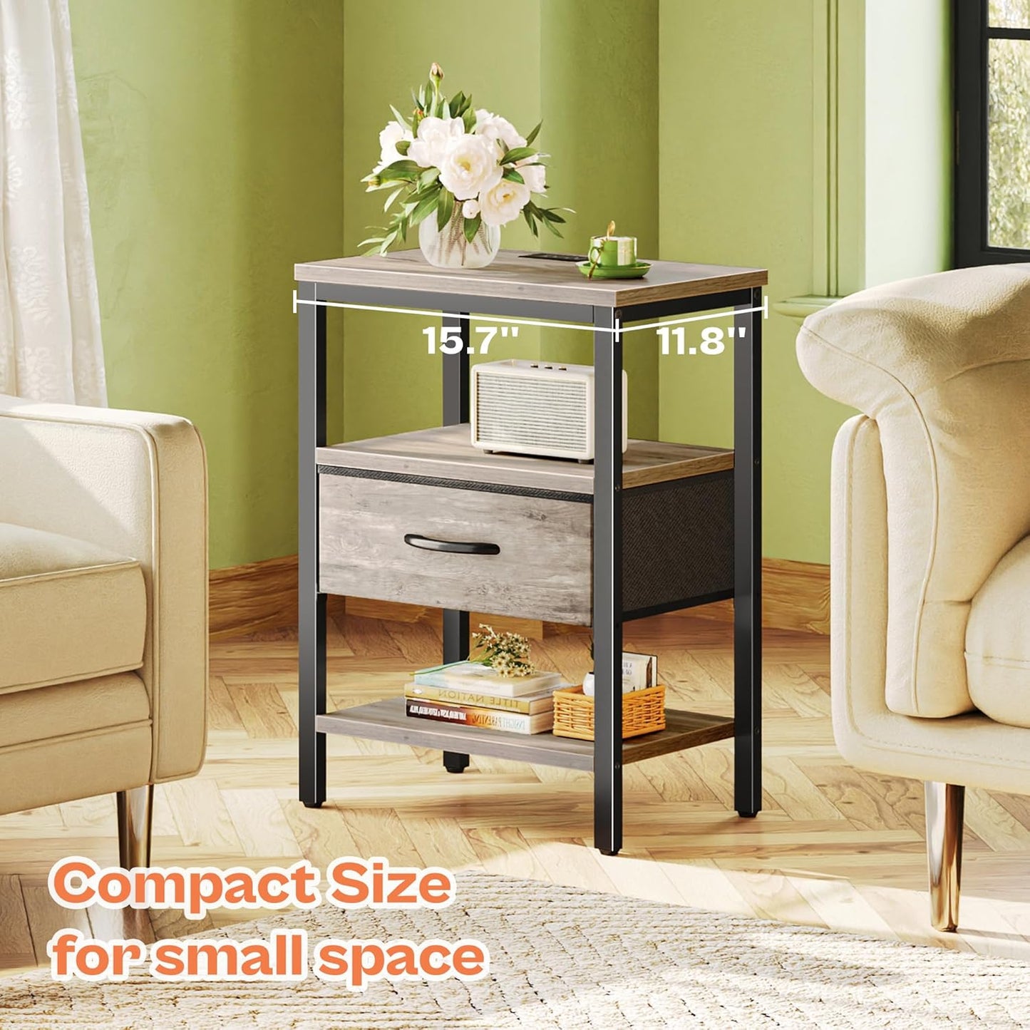 SUPERJARE Nightstand with Charging Station, Bed Side Table with Adjustable Fabric Drawer, Night Stand for Bedroom, 3-Tier Storage End Table, for Living Room, Oak