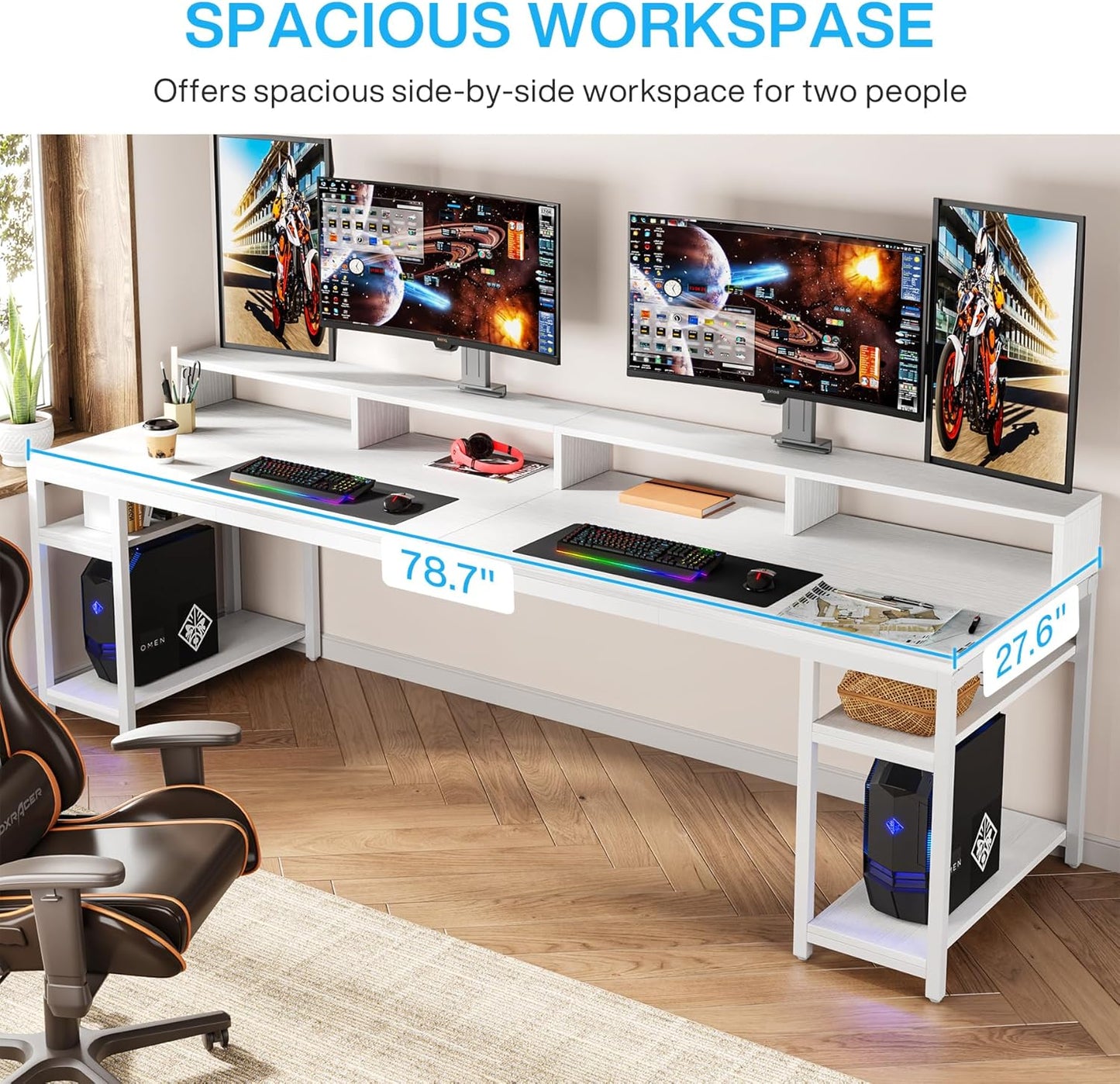 Tribesigns Two Person Desk with Monitor Stand, 78.74" Long Double Computer Office Desk with Storage Shelves, Large Gaming Desk Study Writing Table Workstation for Home Office (White)