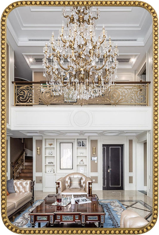 Wall Mirror for Bathroom - 30"x40" Rectangle Rounded Corner Beaded Frame Mirror, Large Vanity Mirror Hangs Horizontal or Vertical, Antique Gold