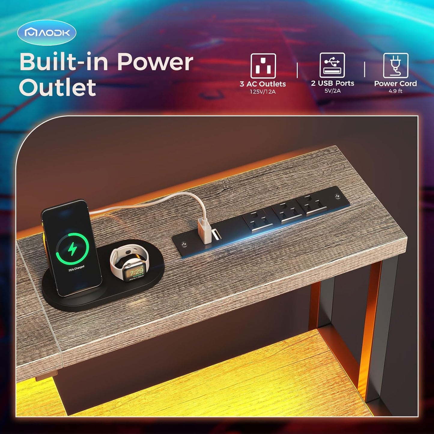 AODK Computer Desk, 48 Inch Gaming Desk with Led Lights & Power Outlet, Office Desk with Storage Shelves, Reversible Desk with Monitor Shelf & Headphone Hook, Grey Oak