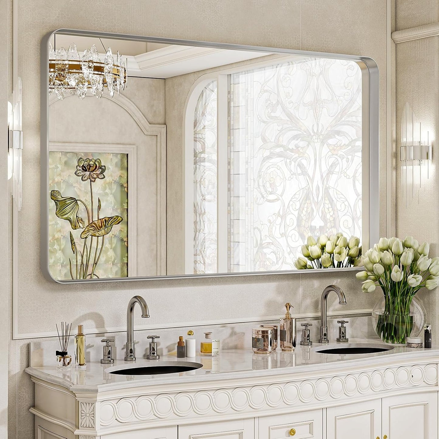 Large Bathroom Mirror 30x56 inch, Gorgeous Deep Frame Wall Vanity Mirror for Over Sink with Shatterproof Tempered Glass, Hanging Horizontal or Vertical, Silver