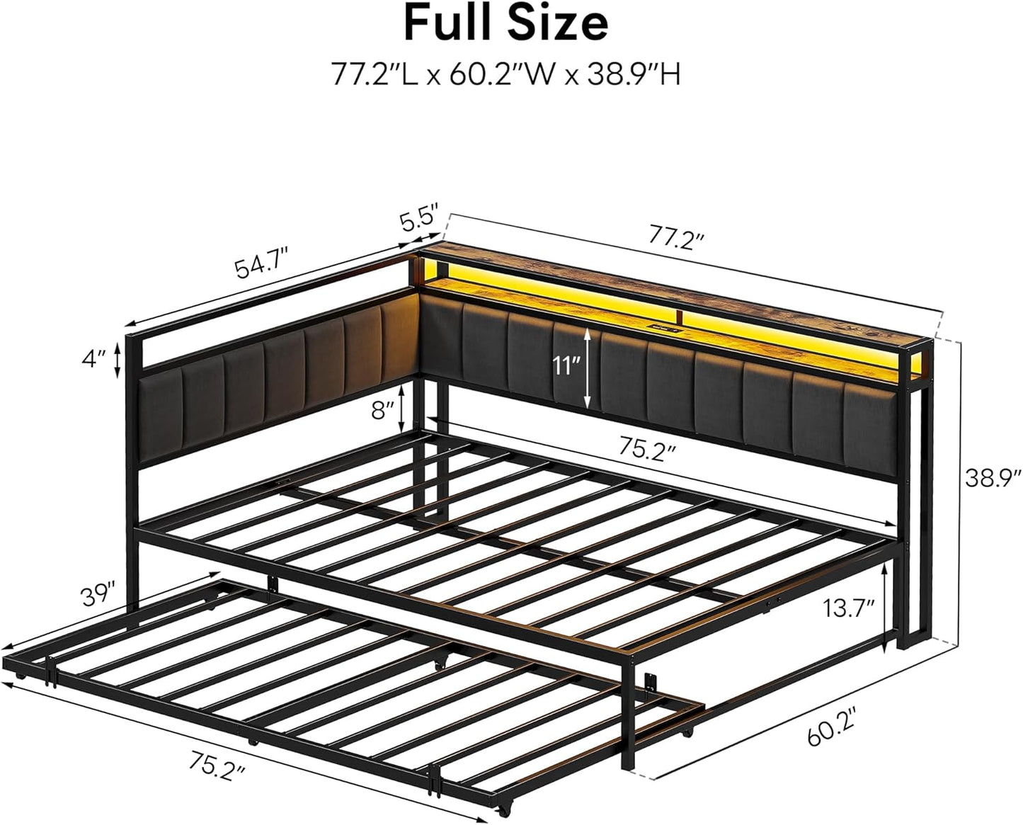 LIKIMIO Corner Full Bed Frame with Trundle, Upholstered Storage Headboard & LED Lights, Full Size Daybed with Charging Station, Sturdy Platform Metal Frame for Living Room, Bedroom, Guest Room, Gray