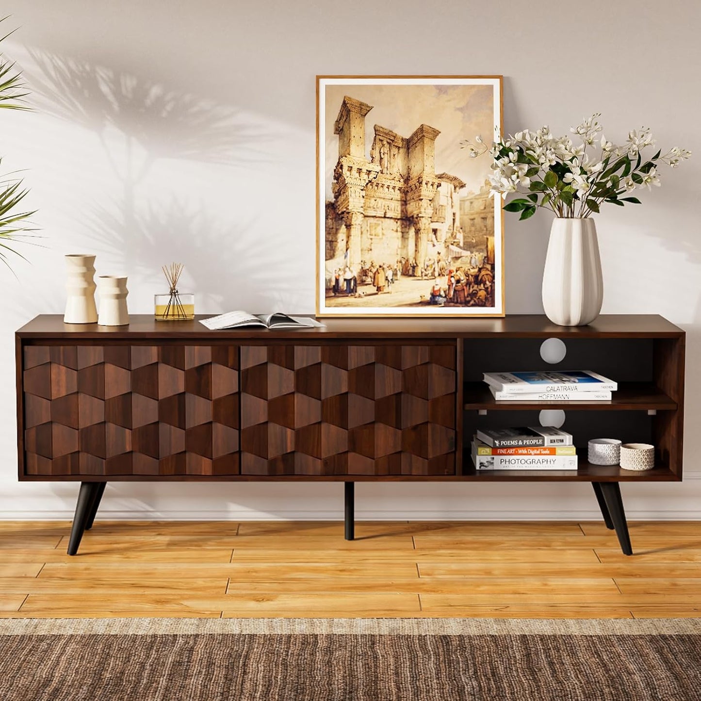 Bme Georgina 65 Inch Solid Wood TV Stand, Under 10 Minutes Assembly Entertainment Center with Storage, Geometric Pattern TV Console for Living Room, Bedroom, Dinning Room - Walnut