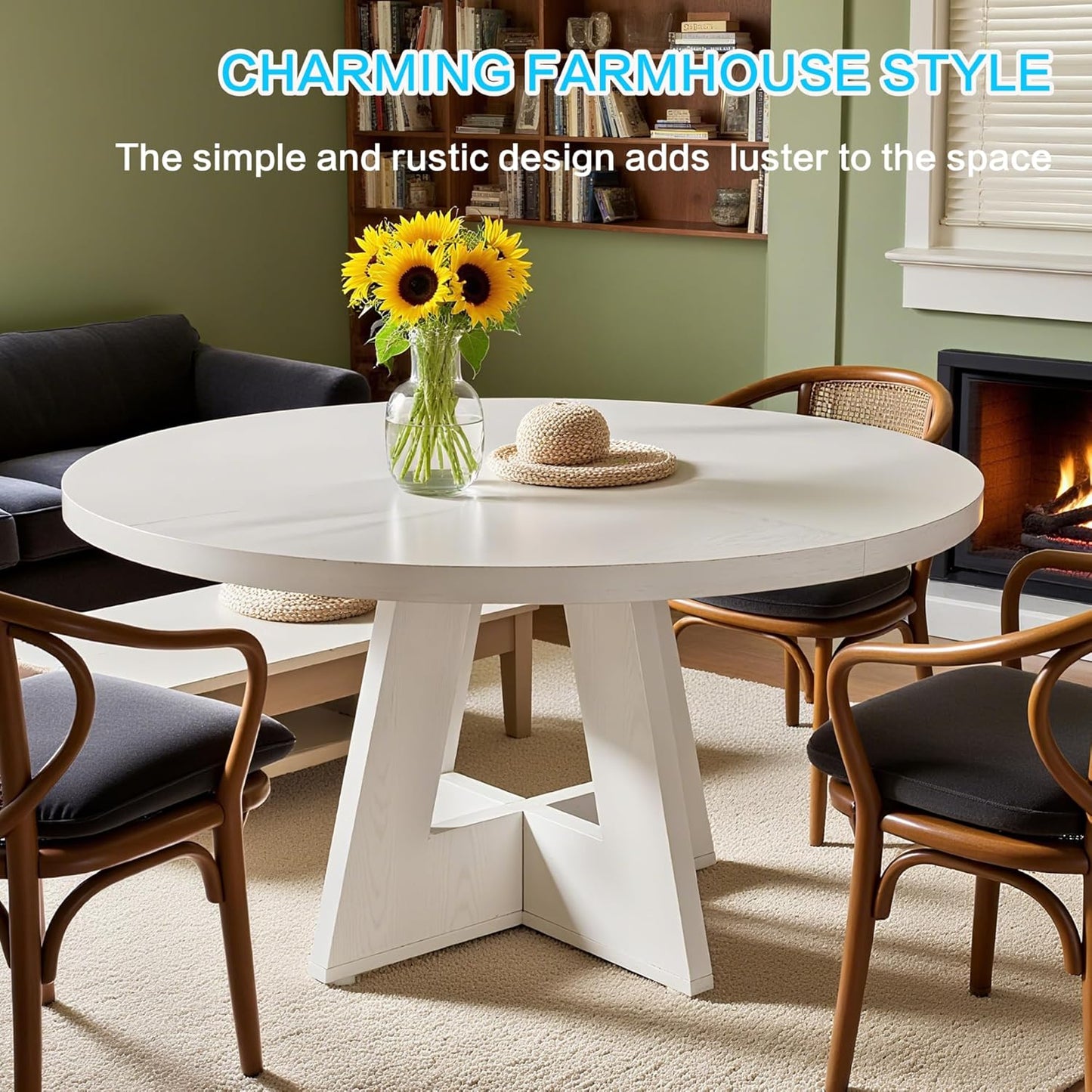 47" Round Dining Table for 4-6, Modern Small Dinner Table Farmhouse Round Kitchen Tables with Wooden Cross Base for Dining Room, Kitchen, Living Room, White