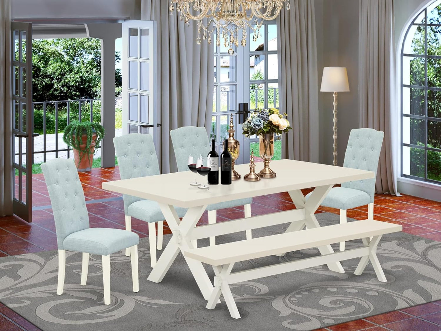 East West Furniture X027CE215-6 6 Piece Dining Room Set Contains a Rectangle Dining Table with X-Legs and 4 Baby Blue Linen Fabric Parson Chairs with a Bench, 40x72 Inch, Multi-Color
