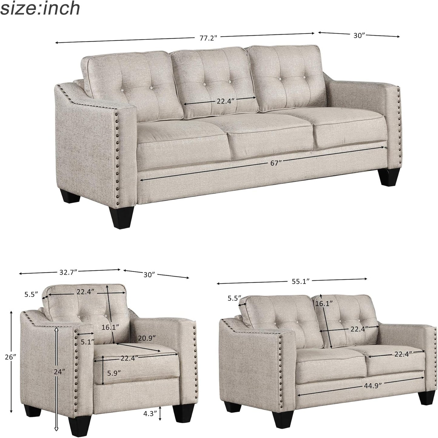 3 Pieses Living Room Sofa Sets Linen Blend Button Tufted Retro Sofa&Couch Include 3 Seaters Couch, Loveseat and Armchair with Waved Armrests and Nailhead Decor for Home Apartment Office