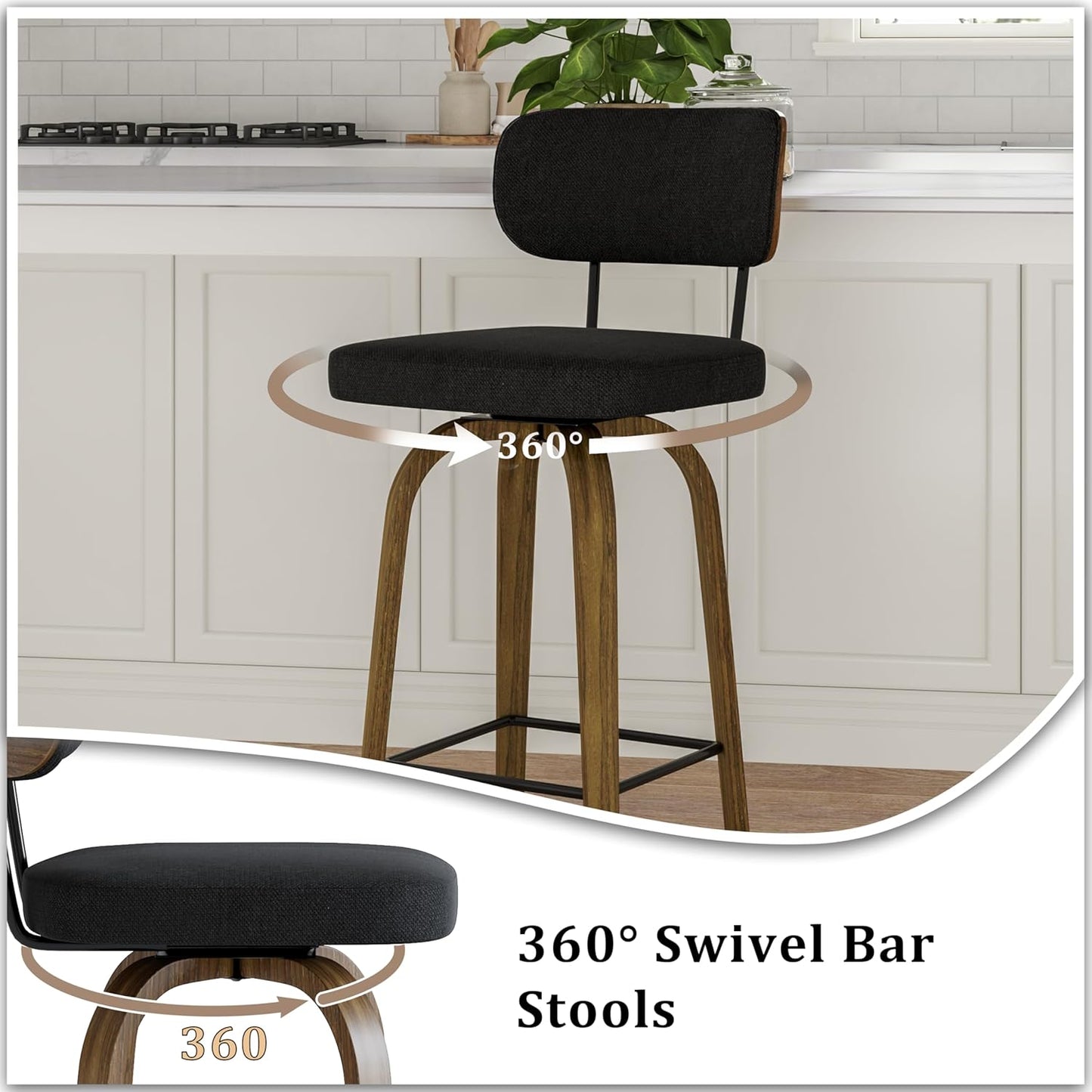 Swivel Counter Height Bar Stools with Back Set of 2, 26" Fabric Upholstered Kitchen Bar Stools with Wood Legs and Metal Footrest for Kitchen Island (Black Fabric)