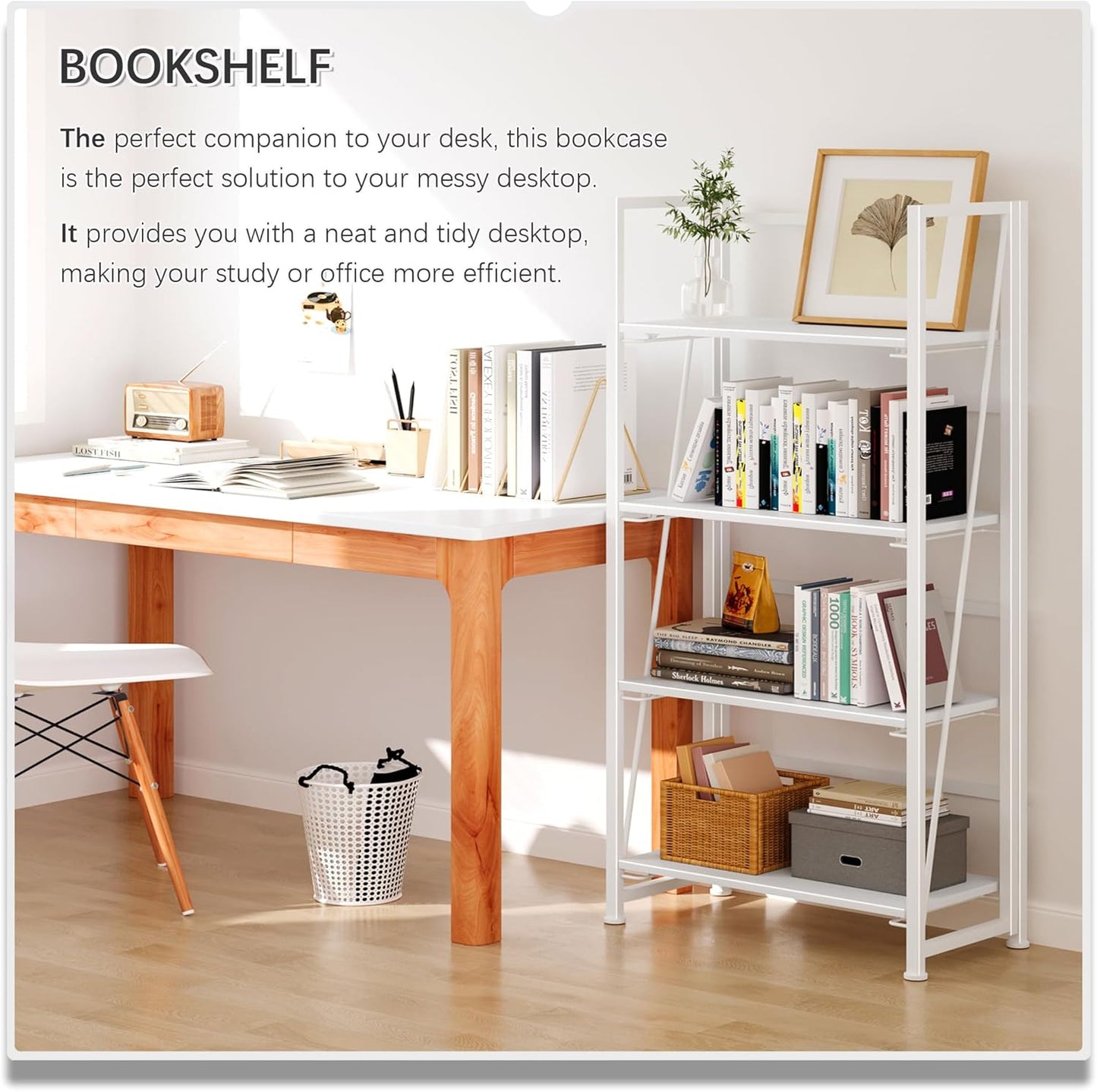 4NM No-Assembly Folding Bookshelf Storage Shelves 4 Tiers Vintage Bookcase Standing Racks Study Organizer Home Office (All White)