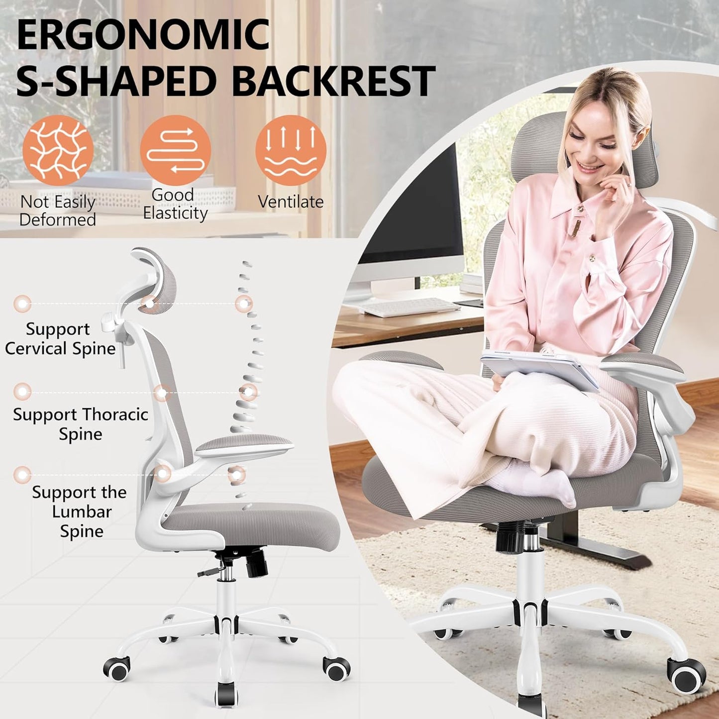 FelixKing Office Chair with Headrest, Ergonomic Desk Chair with Wheels, Task Swivel Comfy Chair with Adjustable Lumbar Support, Breathable Mesh Computer Chair with flip-up Armrests for Home (Gray)