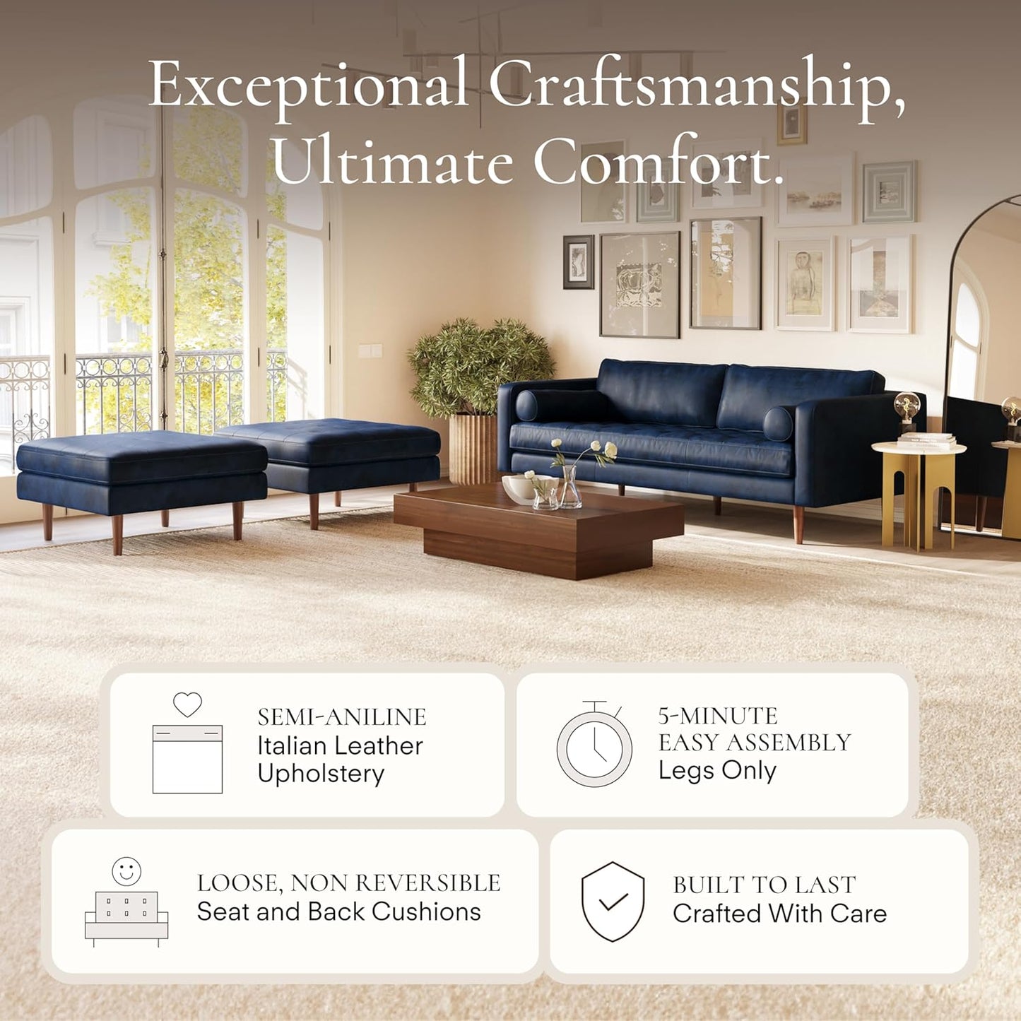 Poly & Bark Napa Leather Couch - 88.5-Inch Office Sofa with 2 Bolsters - Full-Grain Leather Sofa for Living Room with Feather-Down Topper - Living Room Couch - Vintage Italian Leather in Midnight Blue