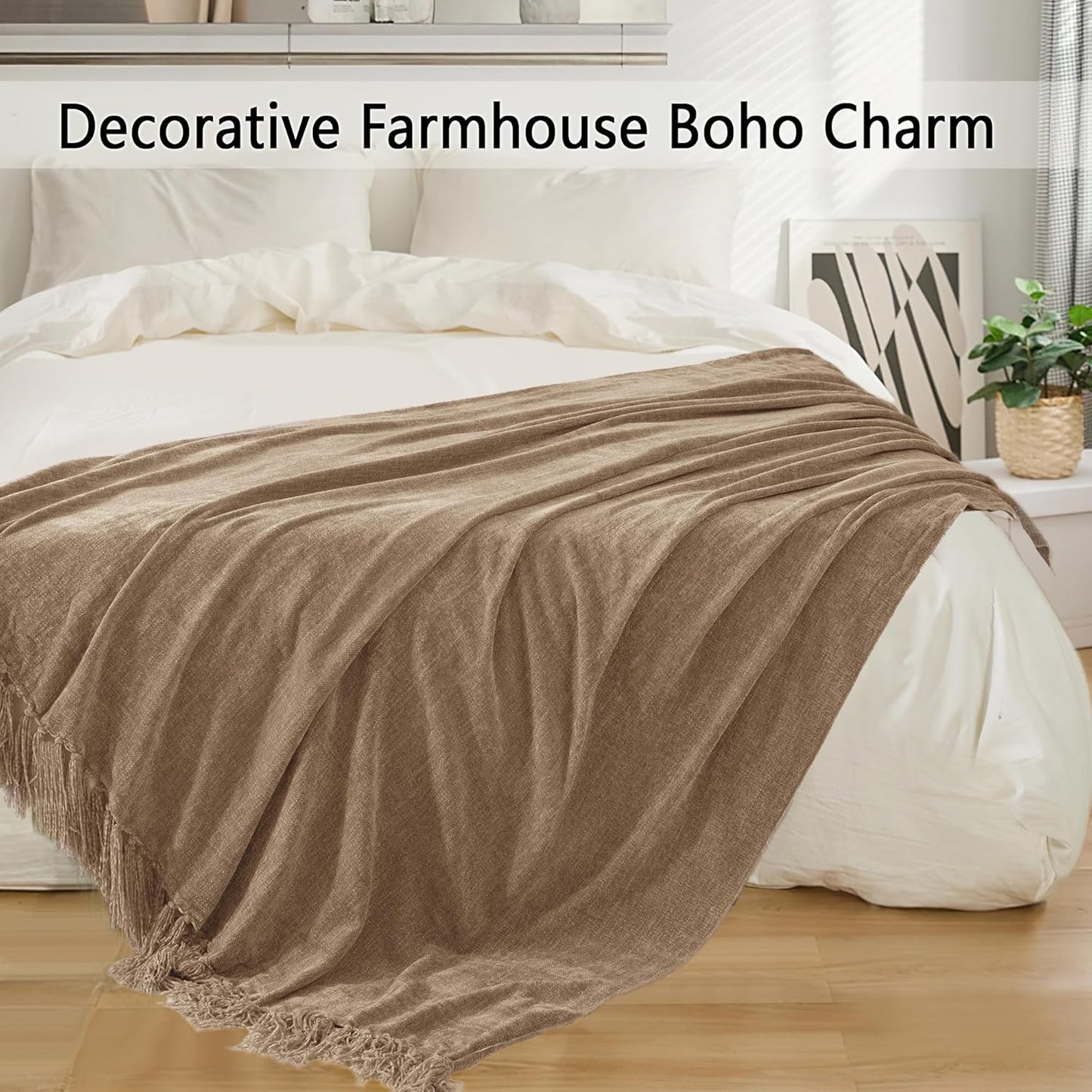 Chenille Throw Blanket for Couch 50"X 60", Soft Cozy Throws with Fringe Tassel for Bed Sofa Chair Cover, Lightweight Knitted Decorative Boho Blankets for Living Room, Taupe