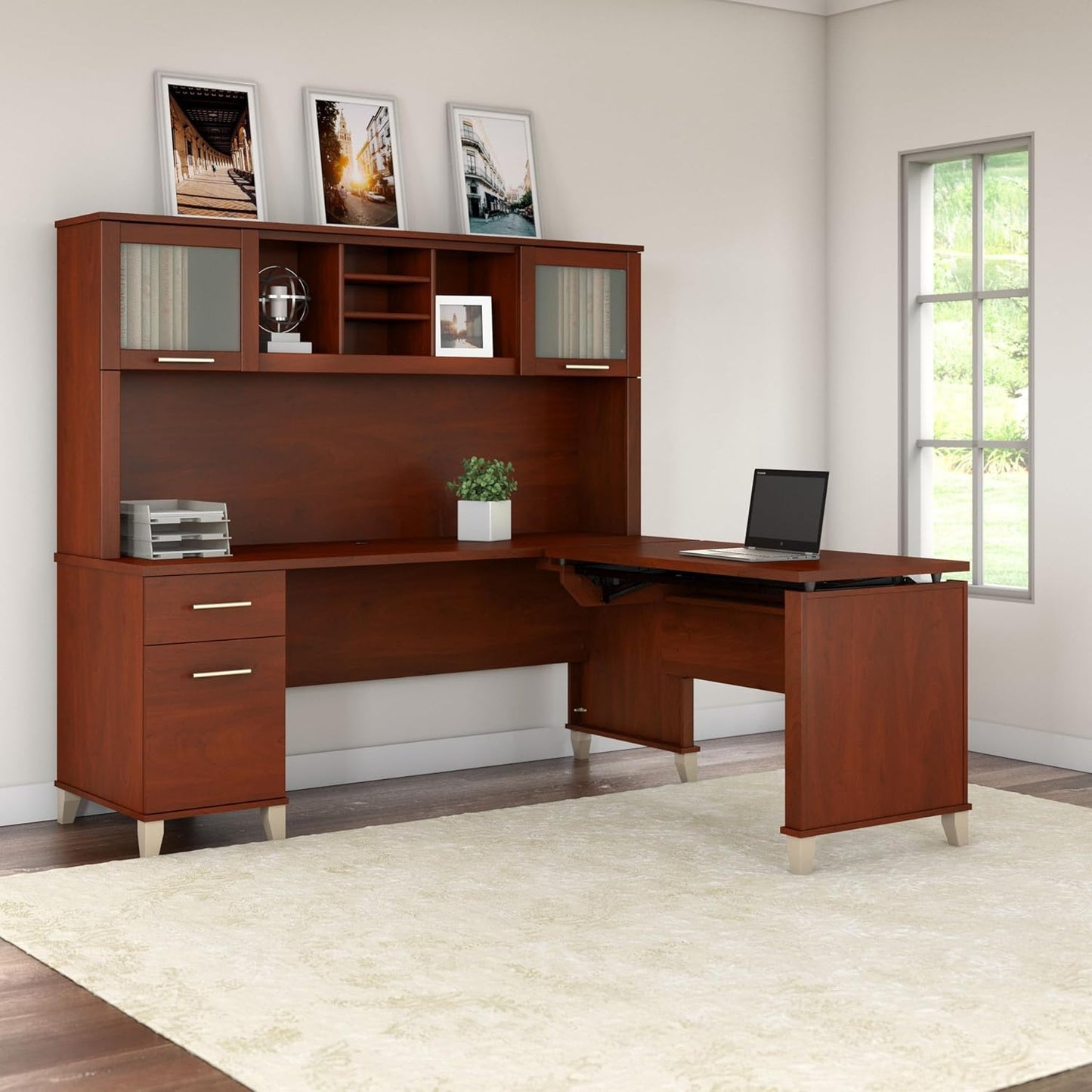Bush Furniture Somerset 72W 3 Position Sit to Stand L Shaped Desk with Hutch in Hansen Cherry