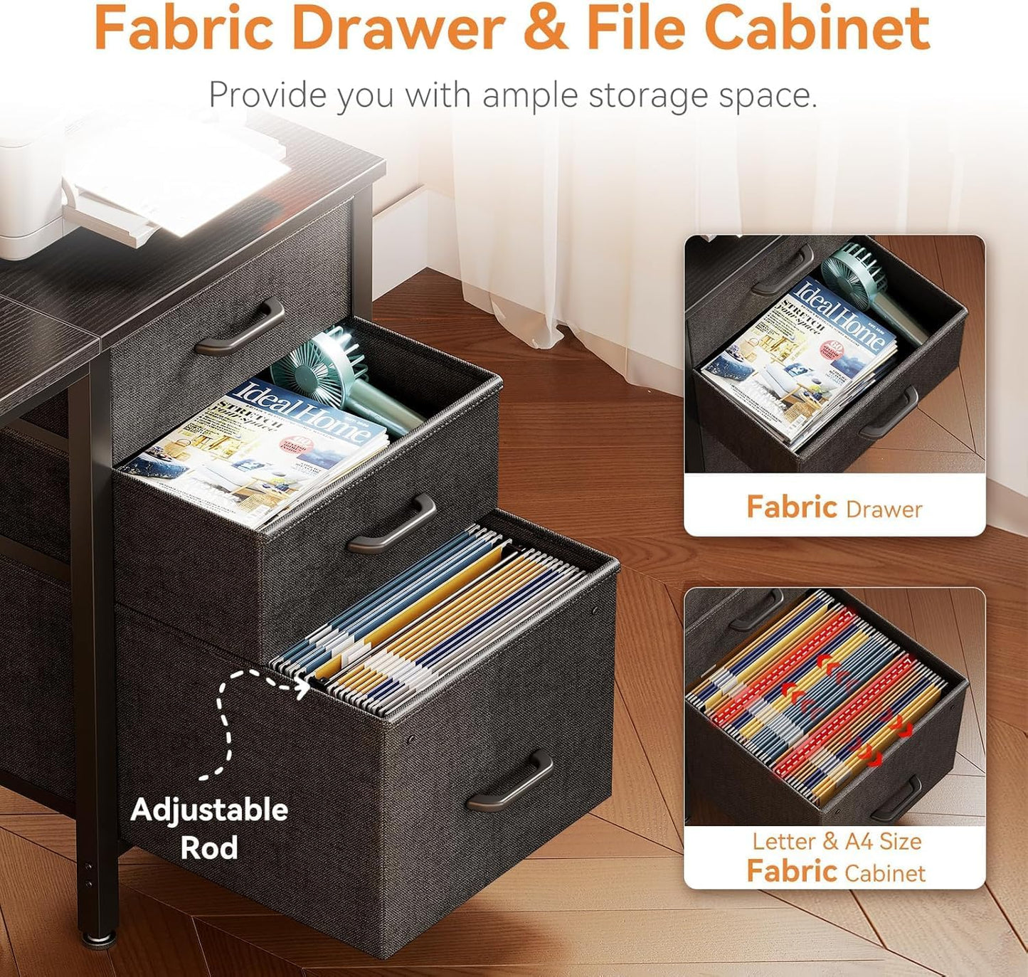 Casaottima 48" Small Computer Home Office Desk for Bedroom with Fabric Drawers & File Cabinet, Cloth Storage Bag and Hook, Writing Study Work Table for Small Space, Black