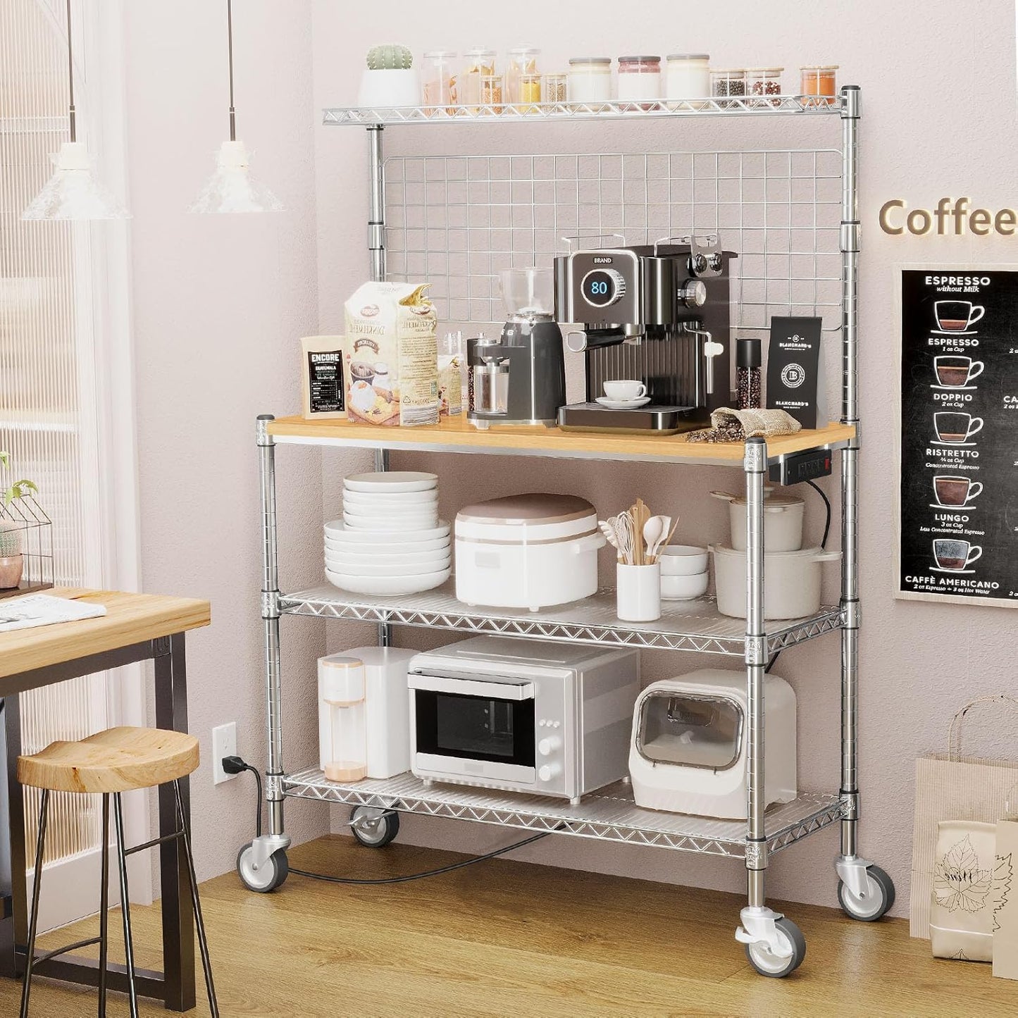 Leteuke Bakers Rack with Power Outlet & Storage, 36 Inch Microwave Stand Kitchen Cart, 4-Tier Metal Kitchen Shelves Cart with Wheels & 20 S-Hooks for Kitchen, NSF Certified, 63 x 18 x 36 Inch-Chrome