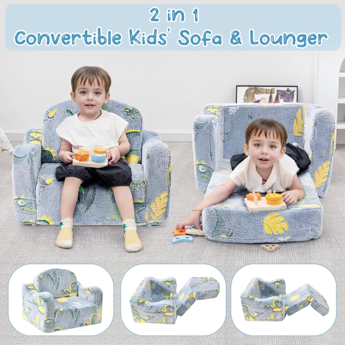 Comfy Toddler Chair and Couch for Kids with Blanket,2-in-1 Soft Plush Fold Out Toddler Couch for Girls and Boys,Convertible Sofa to Lounger for Playroom, Dinosaur