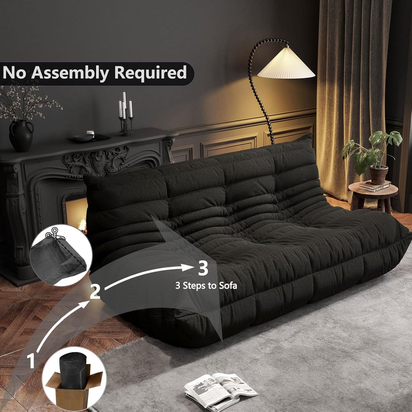 Bean Bag Chairs for Adults, BeanBag Reading Chair Memory Foam Couch 3-Seater, Floor Chair Soft Teddy Material, Comfy Reading Nook Chairs for Bedroom Living Room Office (Black)