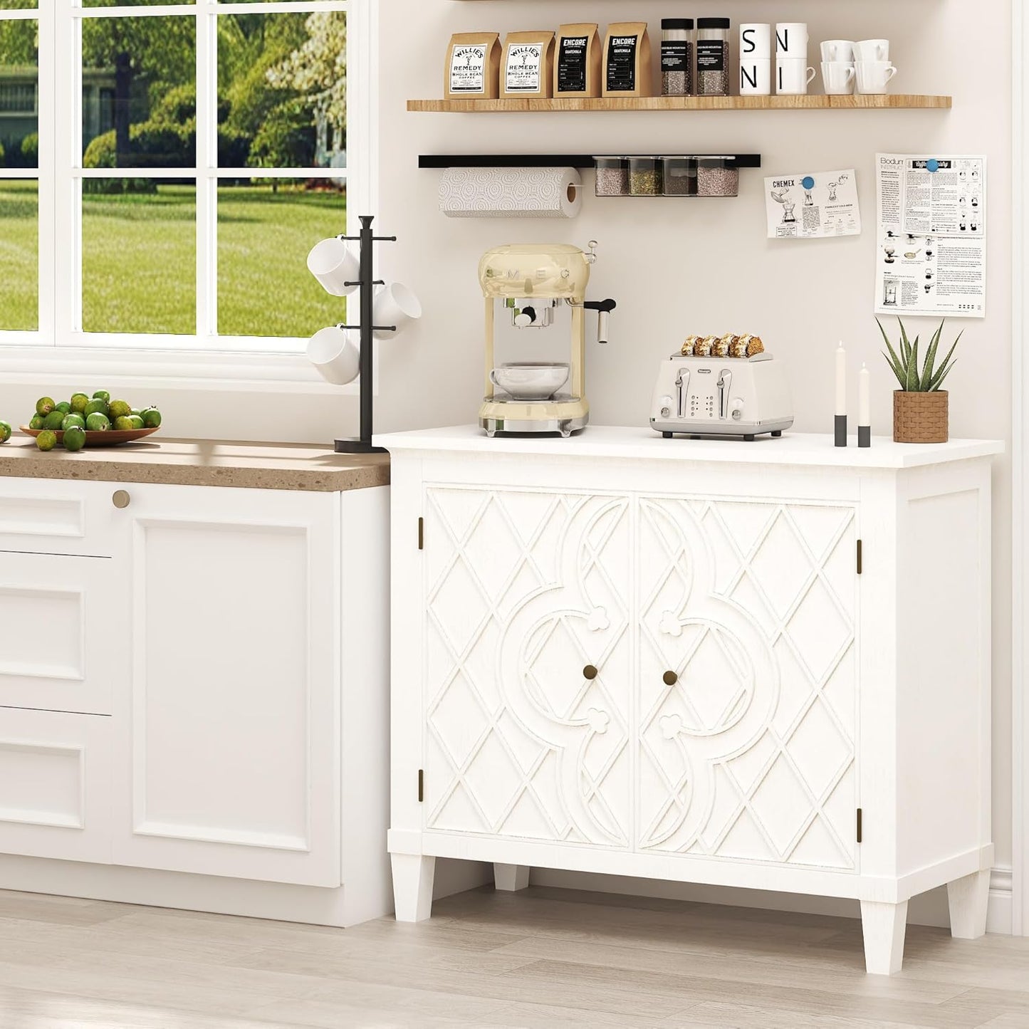Karlott 40" Entryway Cabinet, Coffee Bar Cabinet with Shelf, Craft Storage Cabinet with Doors, Charming Carved Motif, Pantry Cabinet Sideboard Buffet for Living Room Kitchen Dining Room Hallway, White