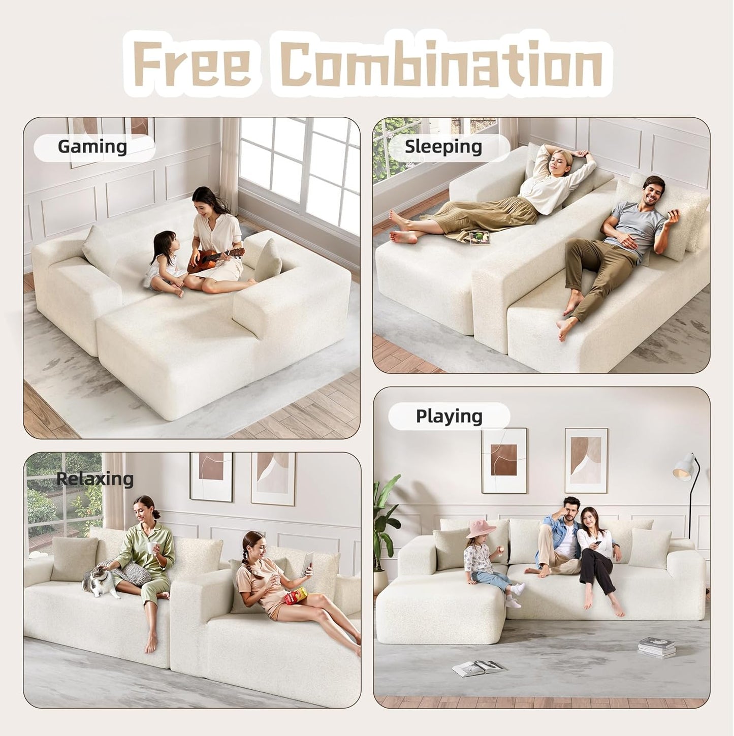 Cloud Sectional Couch, 104”L-Shape Oversized Sofa with Right Chaise Lounge, Modular Sleeper Couch with Pillows & Deep Seat, Rain Drop Velvet Fabric Compressed Sofa for Living Room, Beige