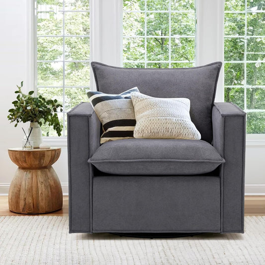 COLAMY Swivel Accent Chair, 34 Inches Wide Upholstered Arm Chair with Plump Back Pillow, Modern Sofa Living Room Chair for Bedroom, Corner, Reading Nook-Grey